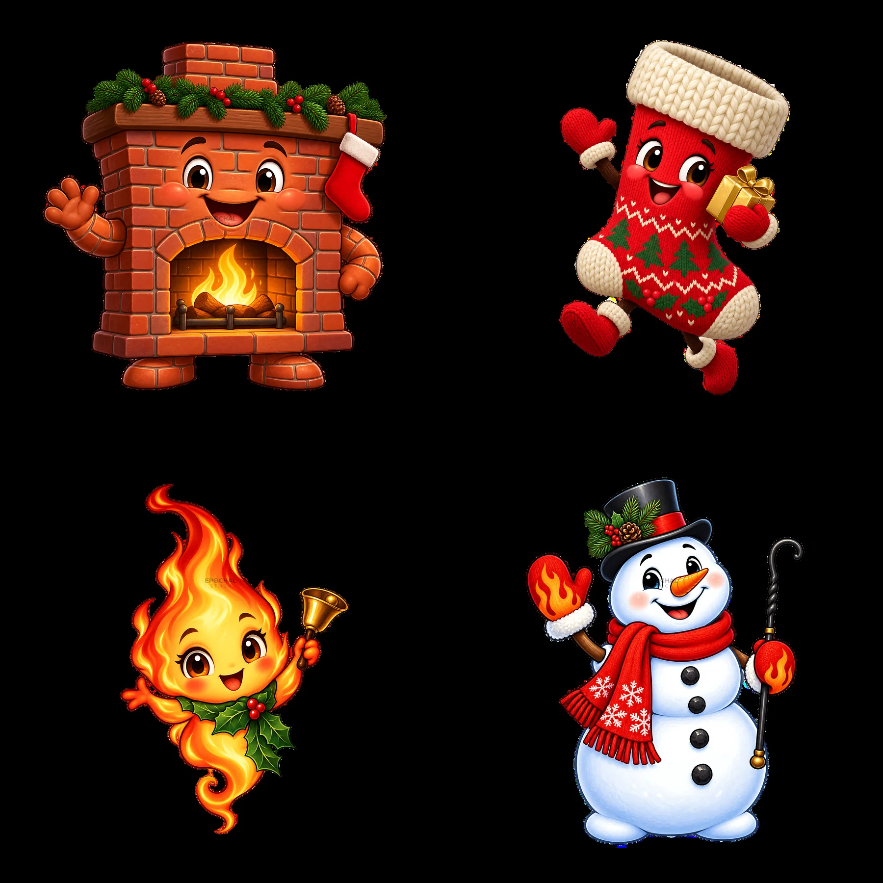 Four cartoon figure stickers in a square arrangement - AI-generated stock image