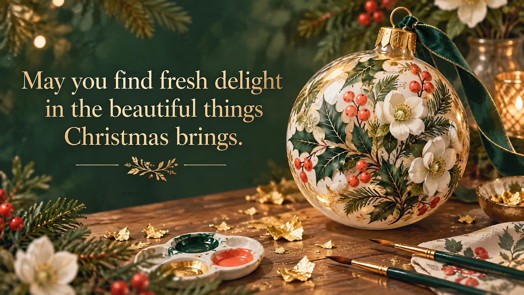 Christmas Greeting with a Floral Glass Ornament - AI-generated stock image