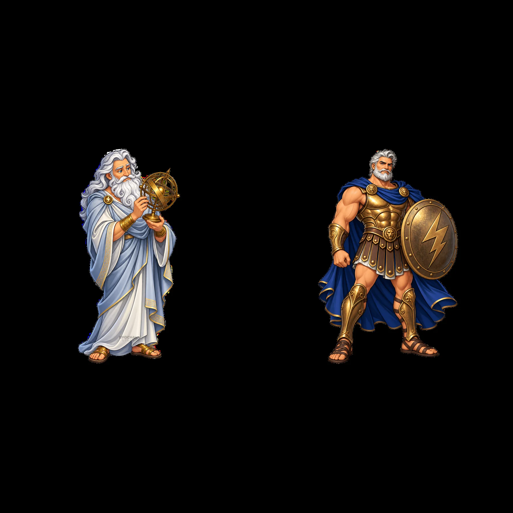 Zeus with globe and strong warrior holding shield and lightning bolt - AI-generated stock image