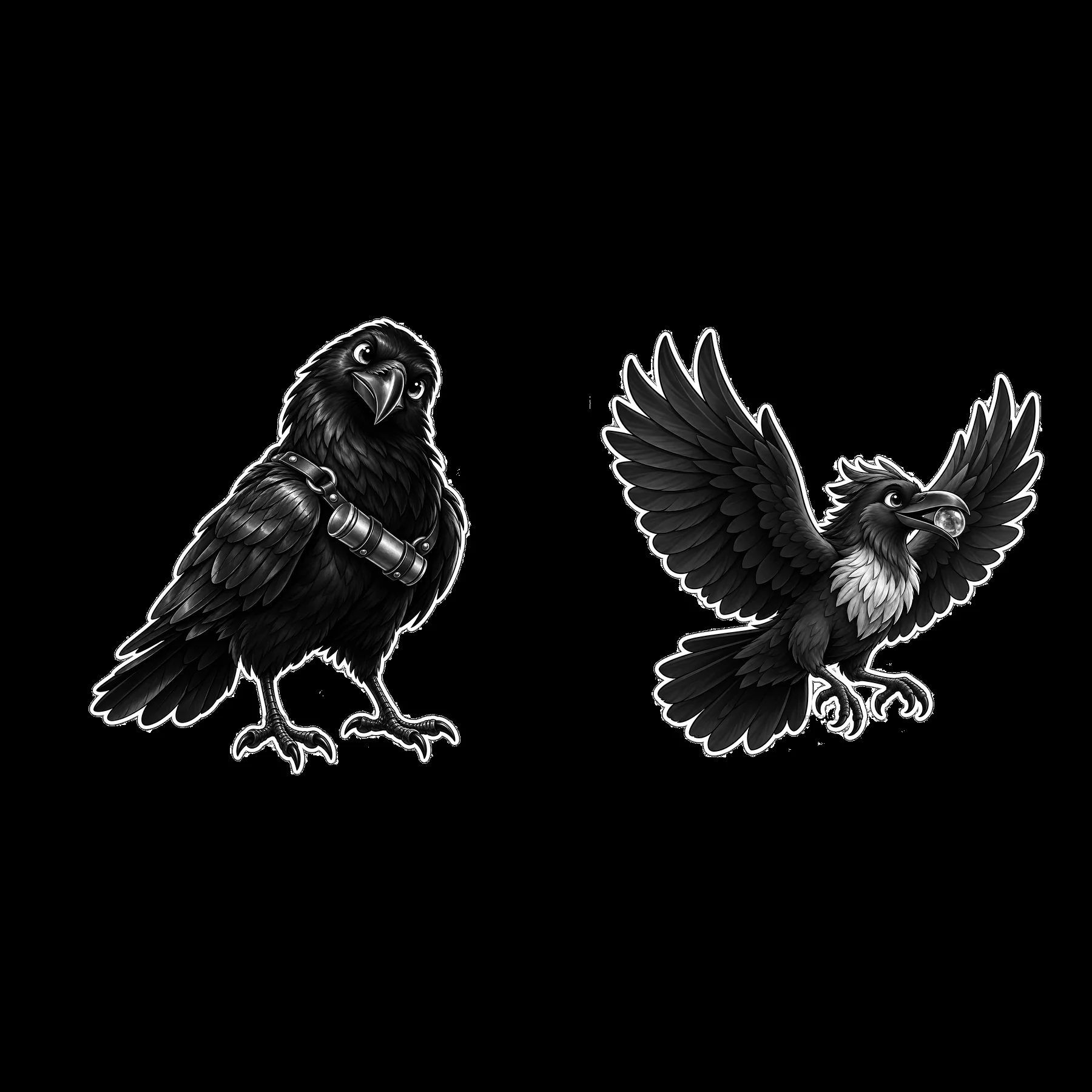 Odin's two ravens in black-and-white sticker illustration - AI-generated stock image