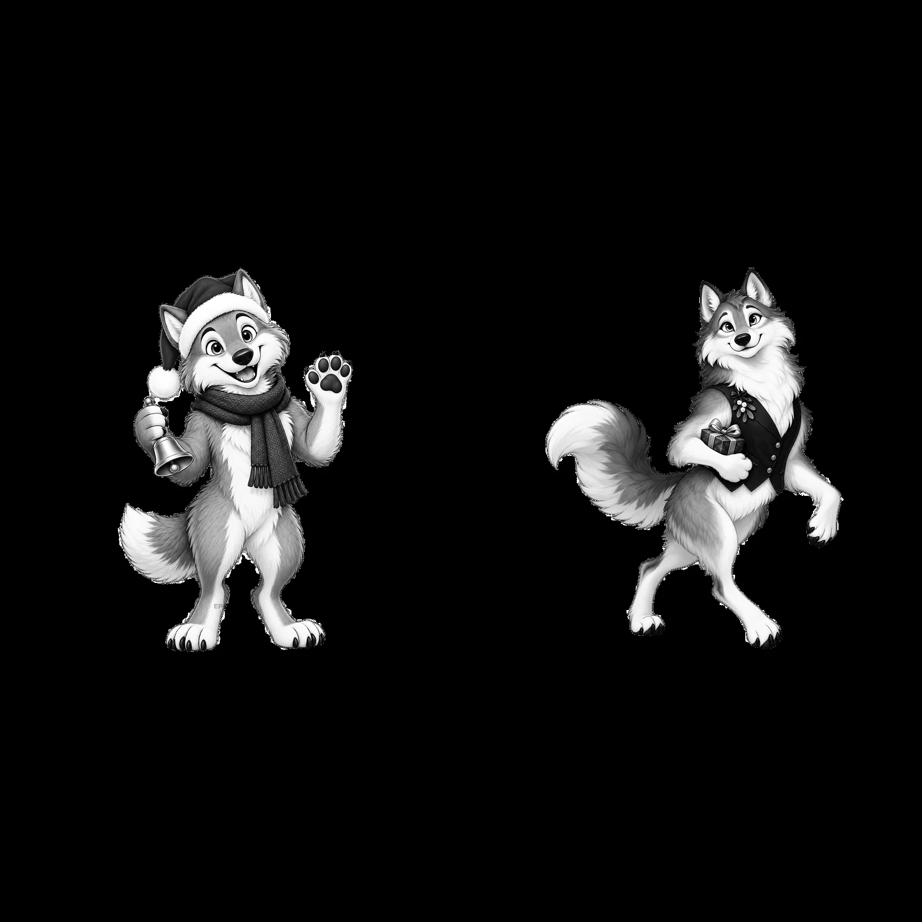 Christmas wolves greeting with bells and gifts - AI-generated stock image