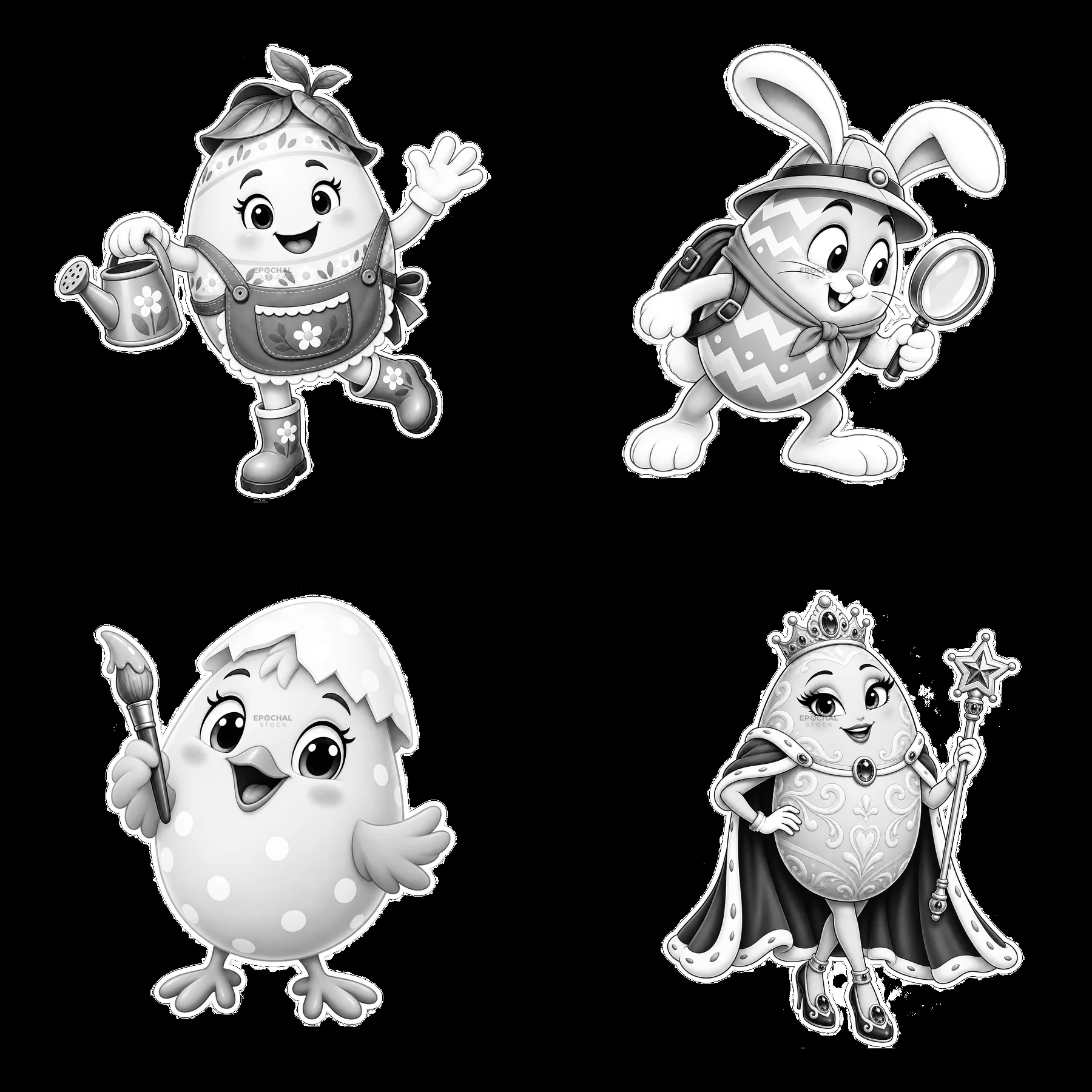 Monochrome four cartoon figure stickers in a square arrangement - AI-generated stock image