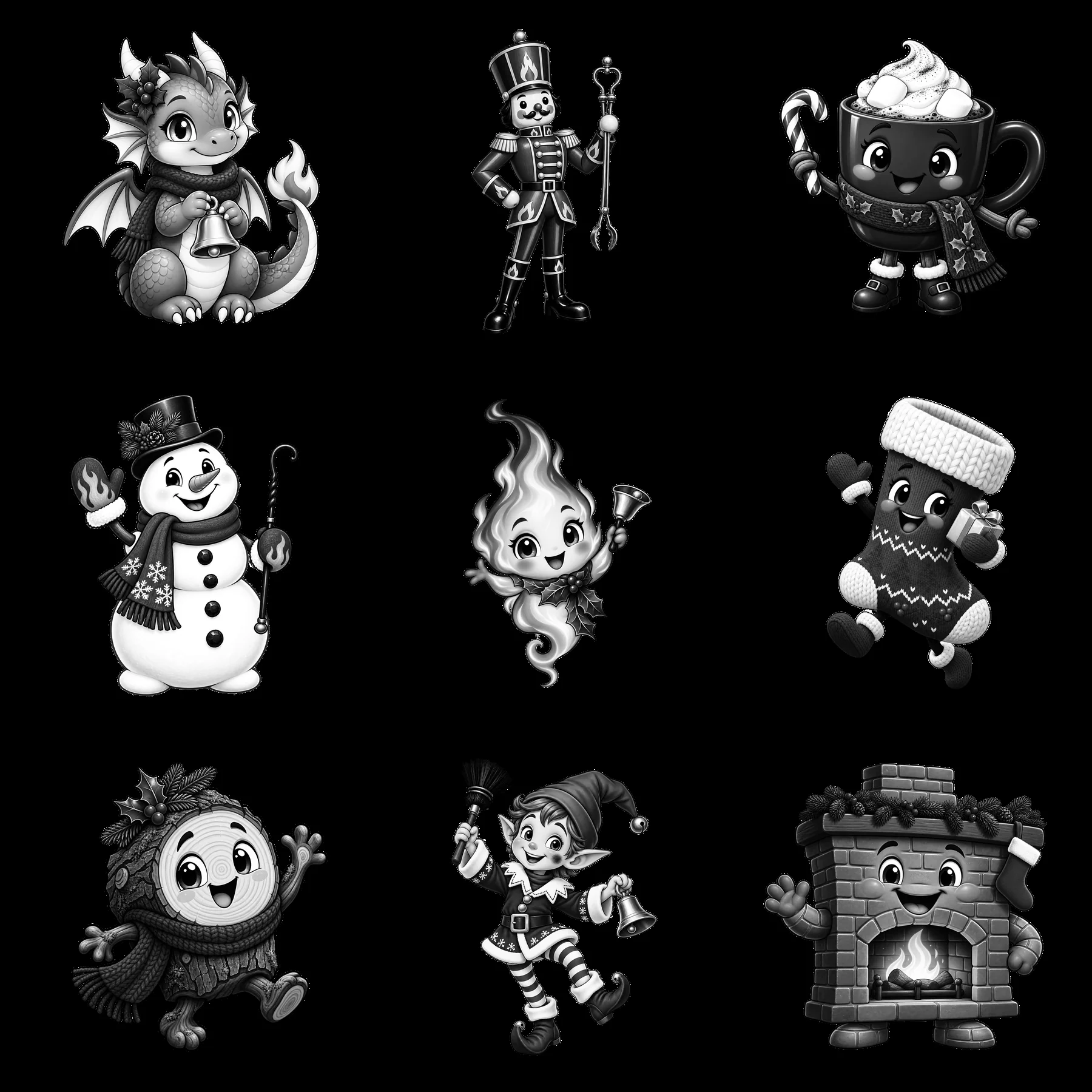 Monochrome nine cartoon figure stickers in a square arrangement - AI-generated stock image