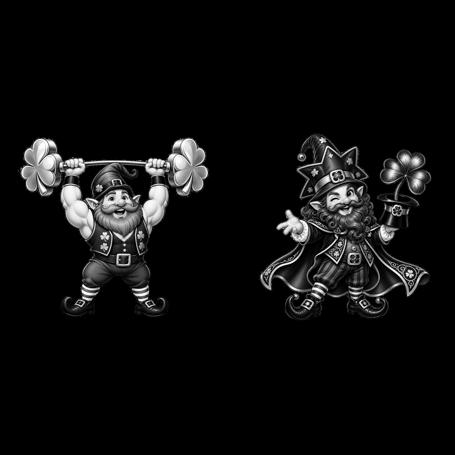 St. Patrick's Day gnomes lifting weights and holding clovers - AI-generated stock image