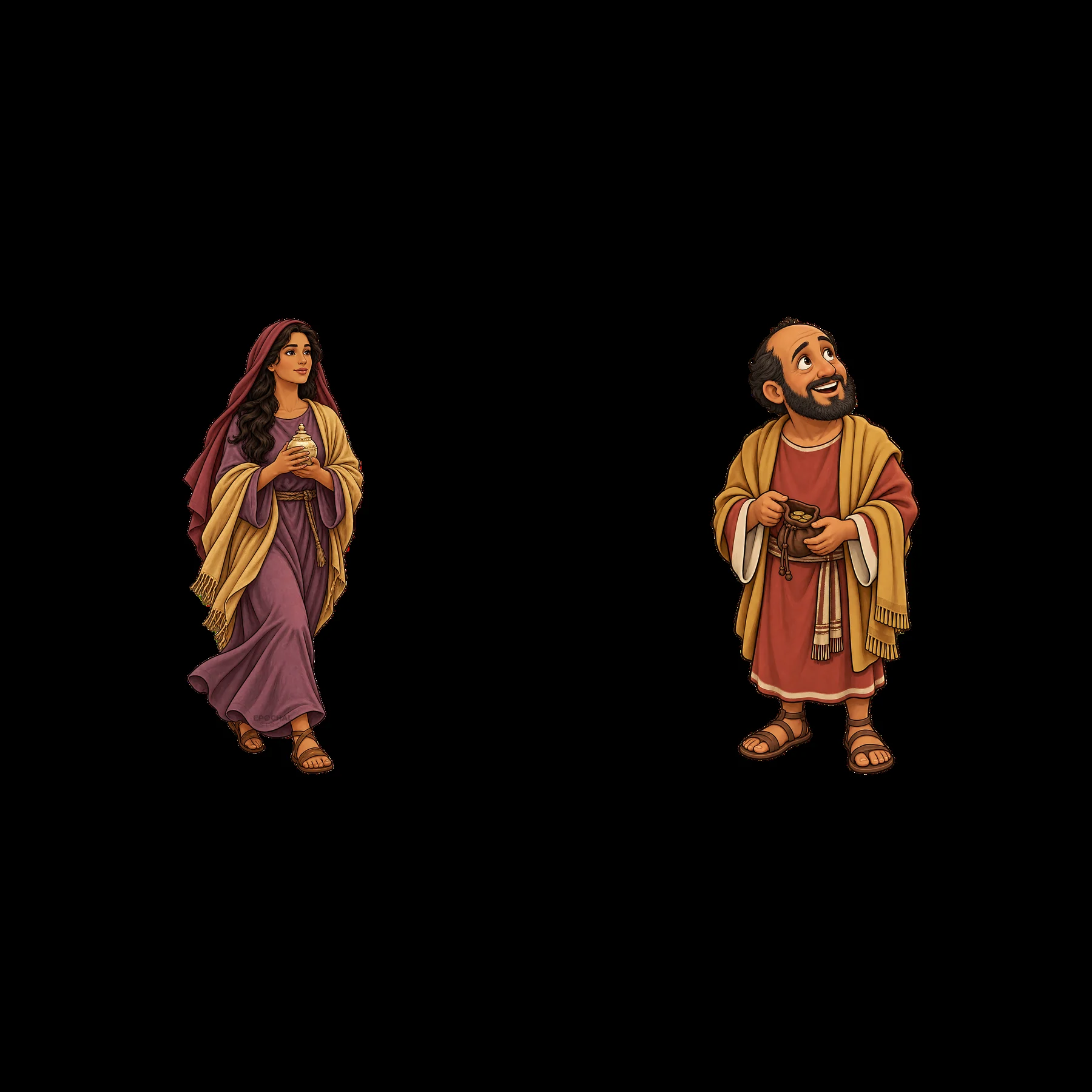 Figures of Jesus and a woman walking together - AI-generated stock image