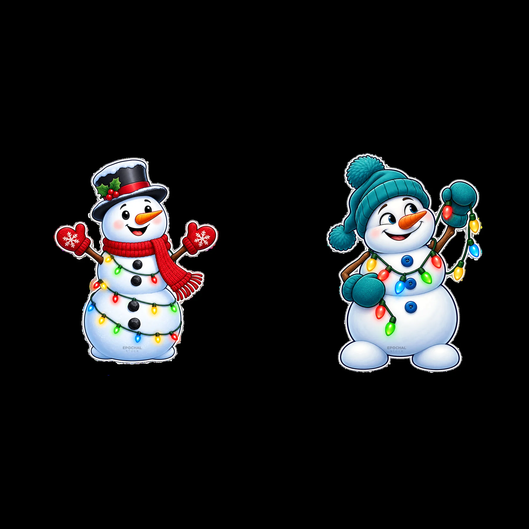 Snowmen decorating with string lights for the holiday season - AI-generated stock image