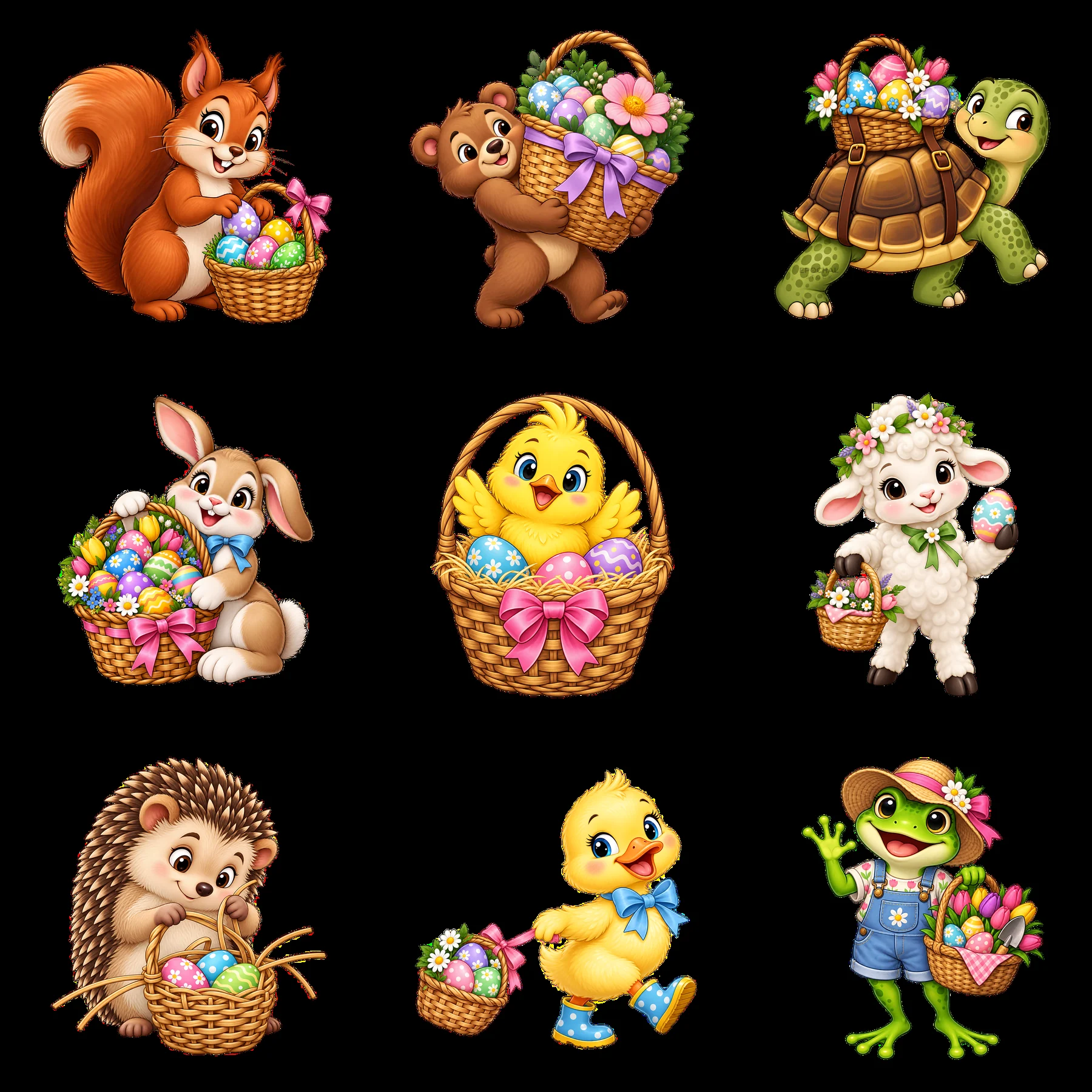 Easter animals with baskets delivering colorful eggs in spring scene - AI-generated stock image