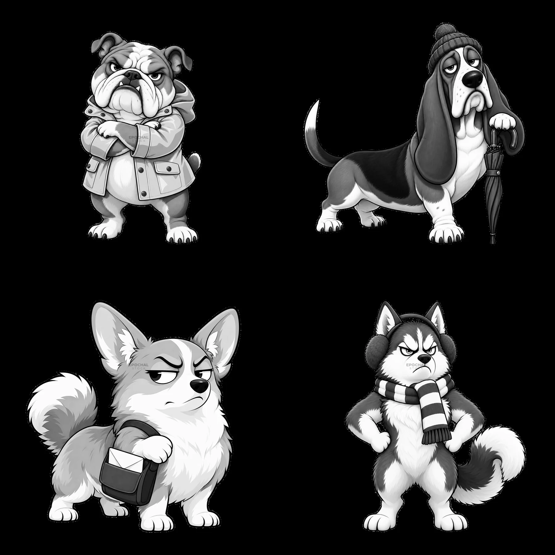 Grumpy dog cartoon stickers in monochrome layout - AI-generated stock image