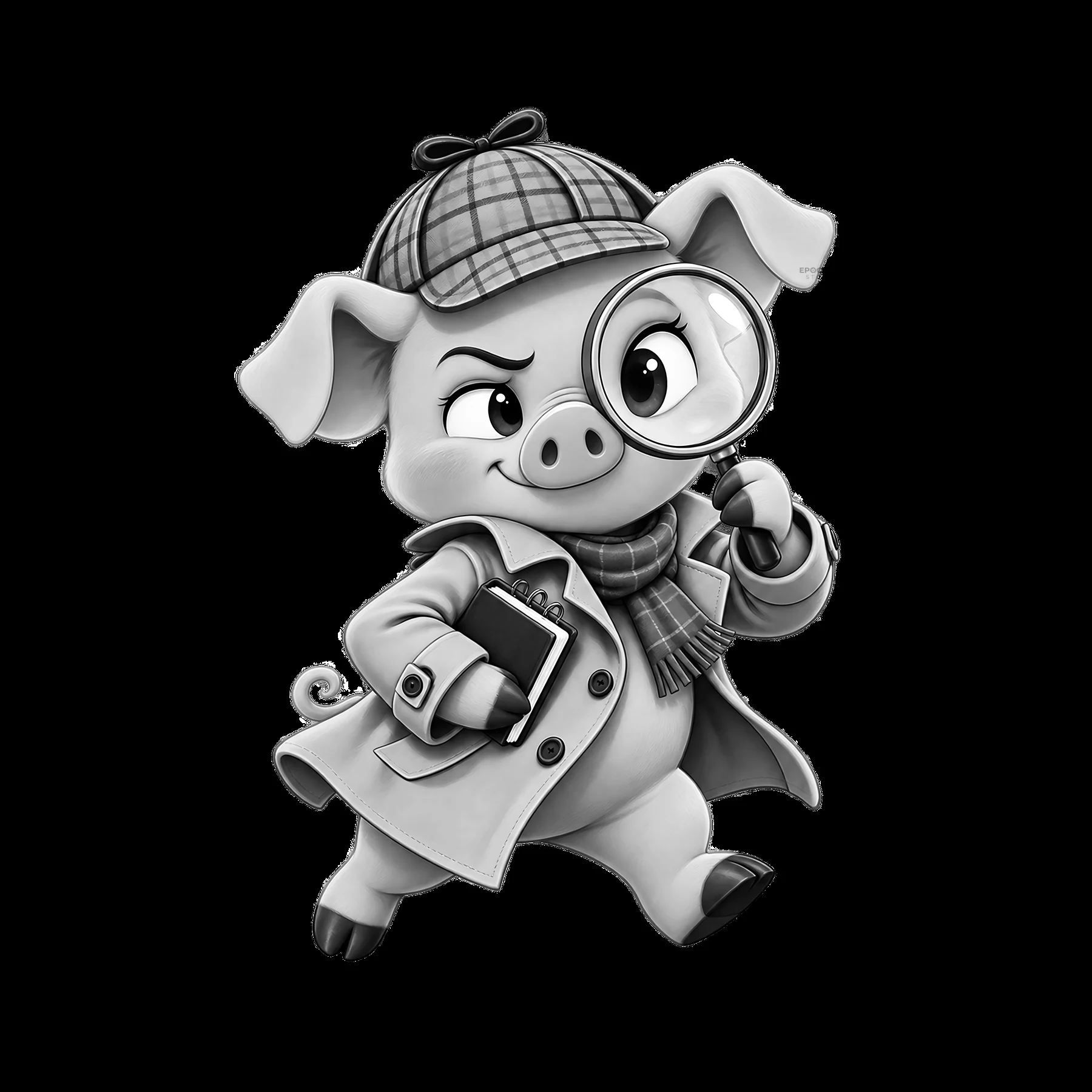 Detective pig with magnifying glass and notepad in trench coat - AI-generated stock image