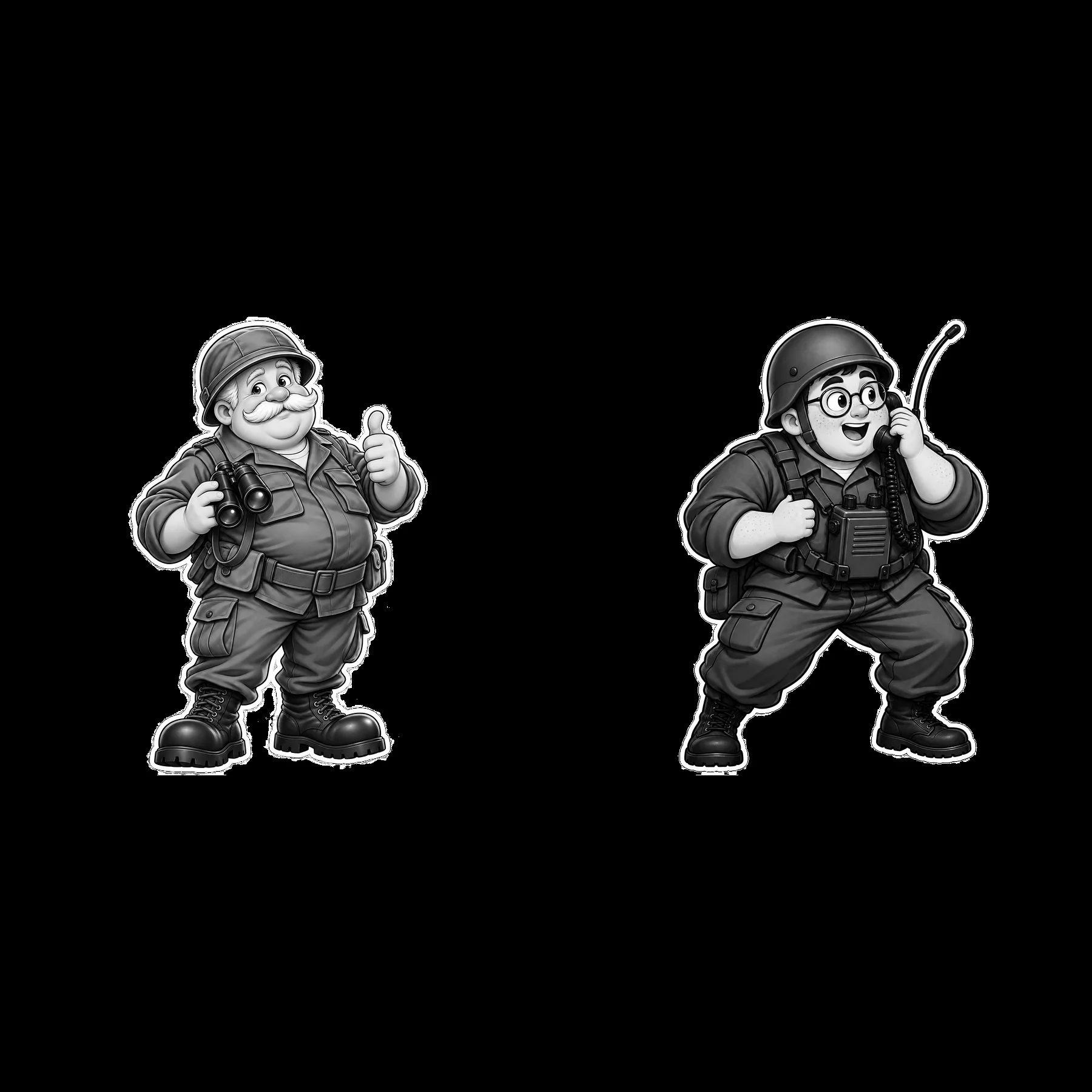 Cute ultra-chubby soldiers with accessories in black and white - AI-generated stock image