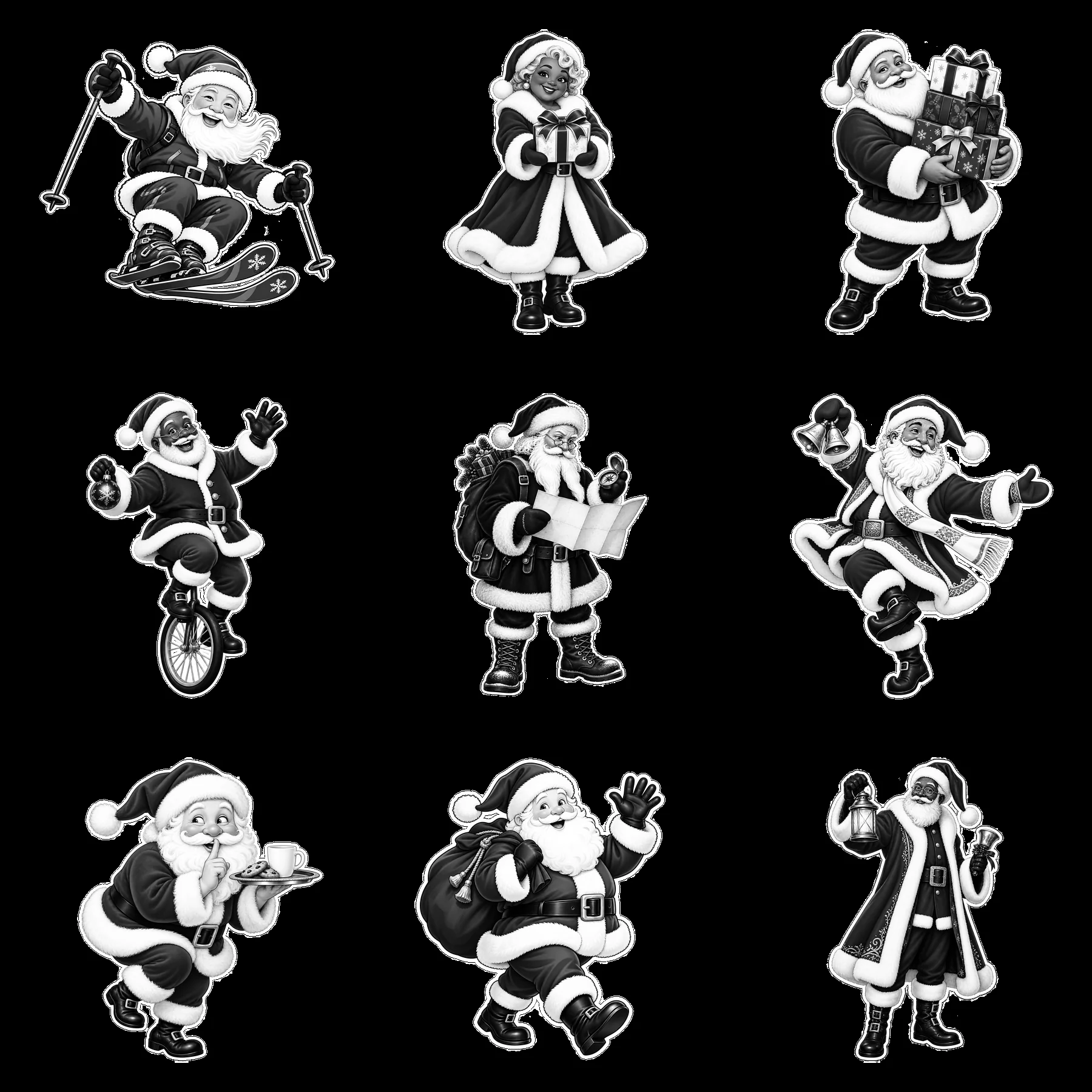 Santa Claus activities in a fun black-and-white cartoon sticker set - AI-generated stock image