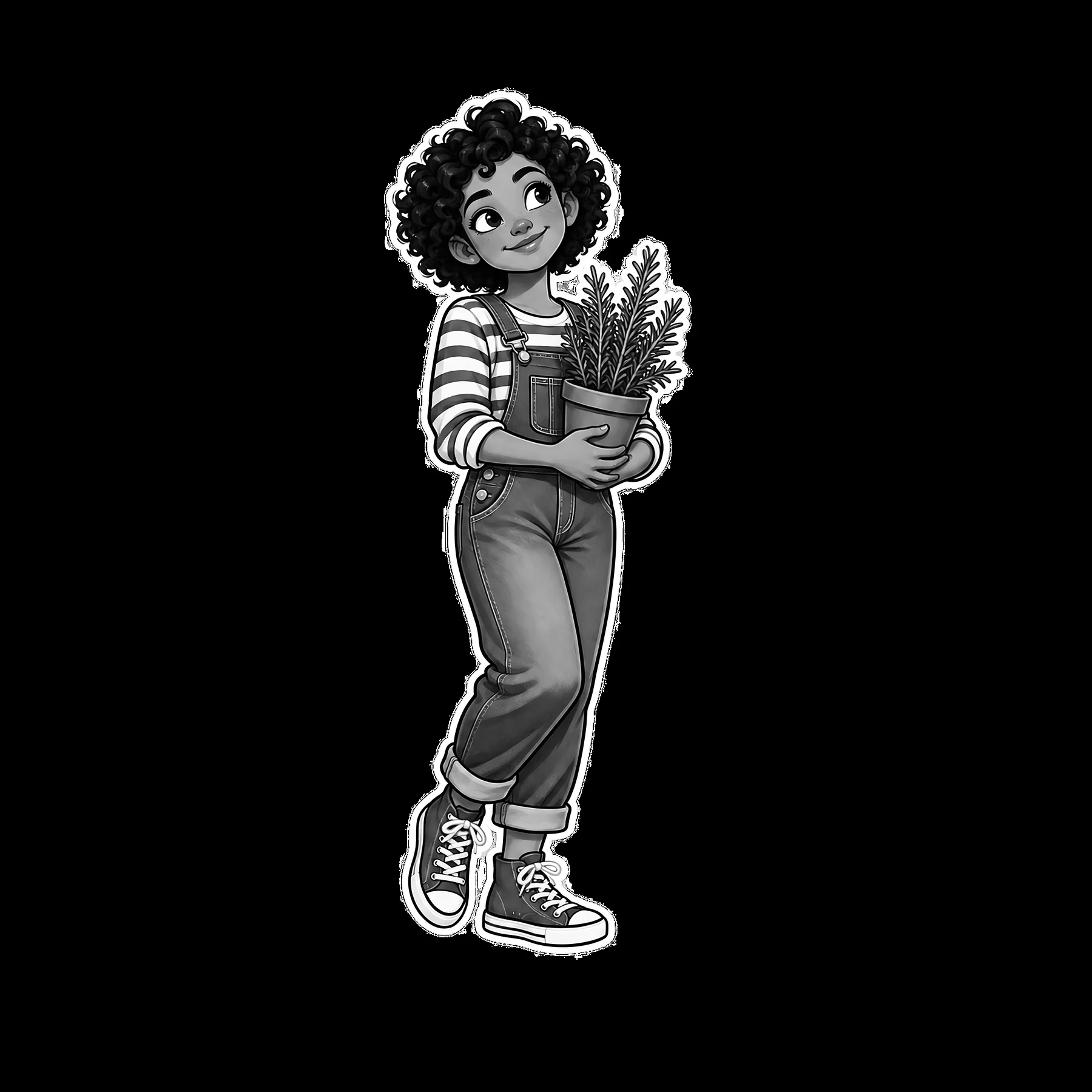 Girl holding a potted plant in overalls and sneakers - AI-generated stock image
