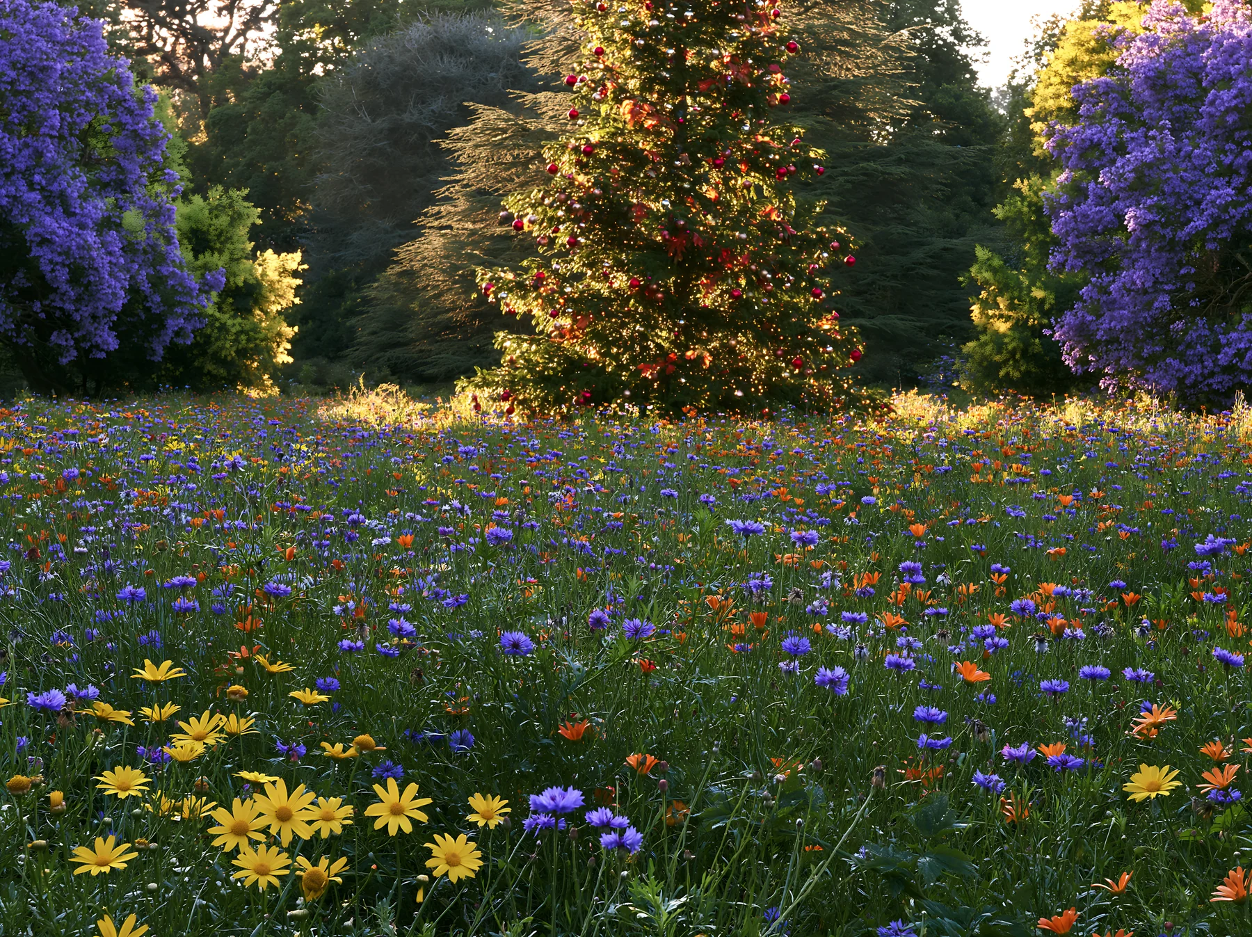 Christmas tree beside stream in meadow with wildflowers - AI-generated stock image