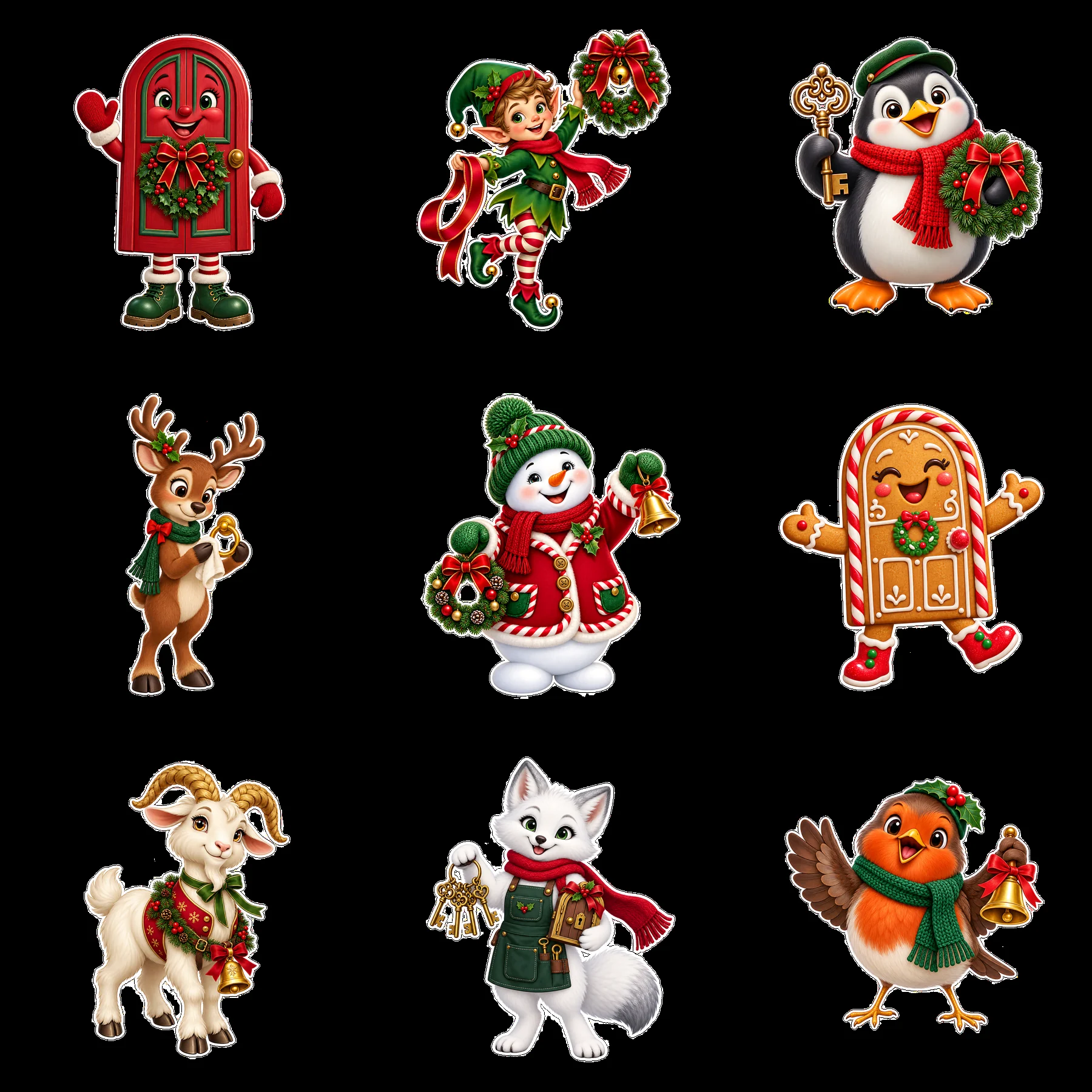 Christmas door characters in a festive 3x3 layout - AI-generated stock image