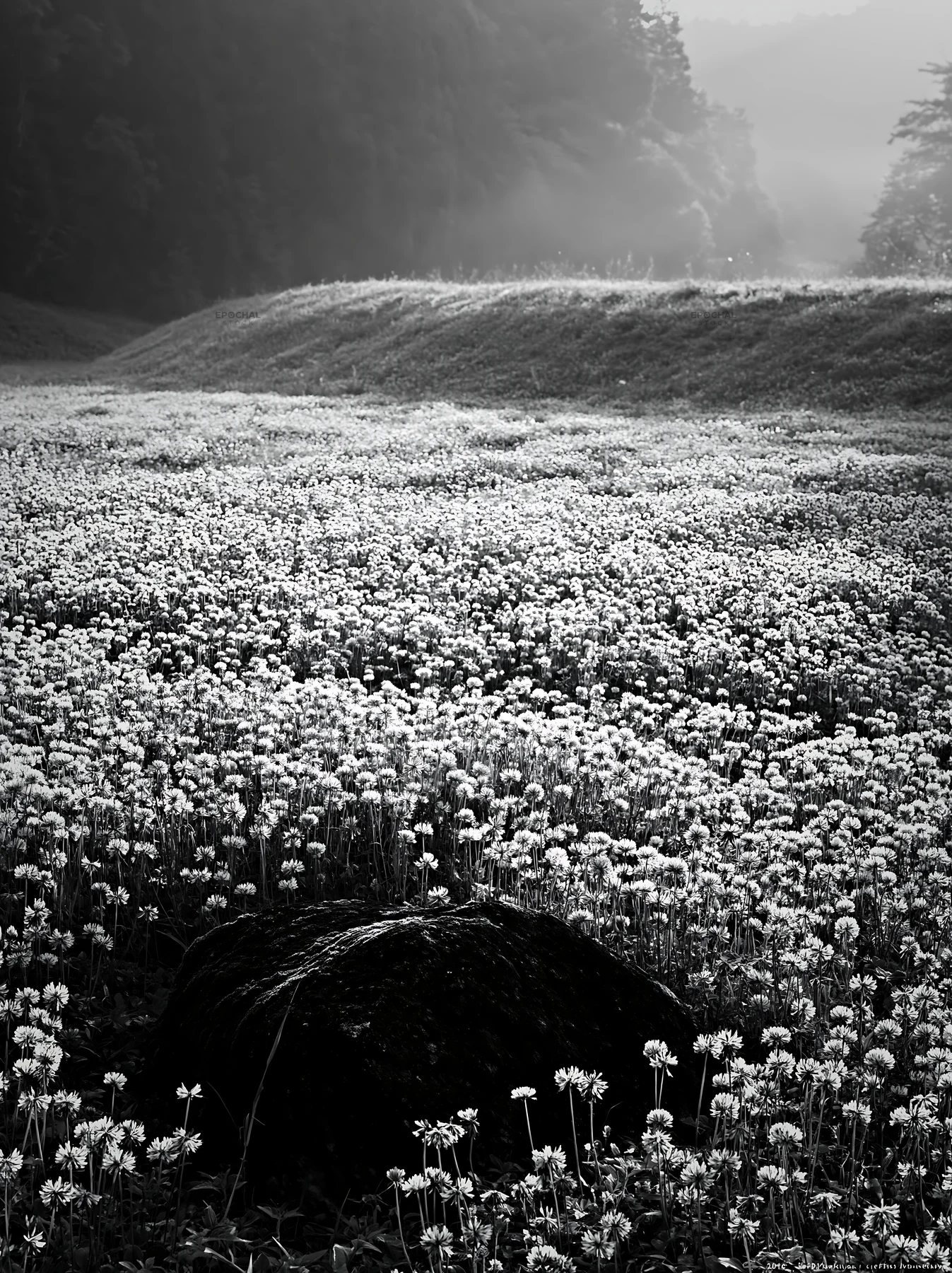 Misty meadow with moss covered stone in Shimane - AI-generated stock image