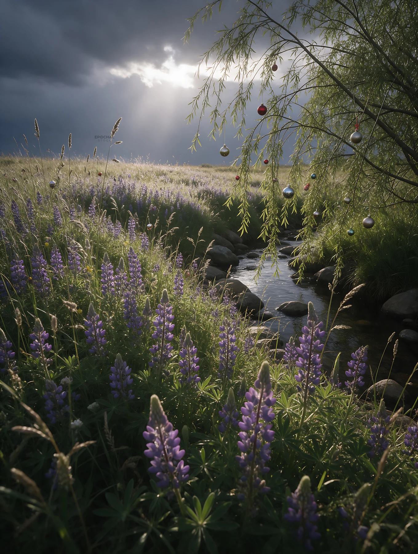 Christmas ornaments hanging above stream in meadow - AI-generated stock image