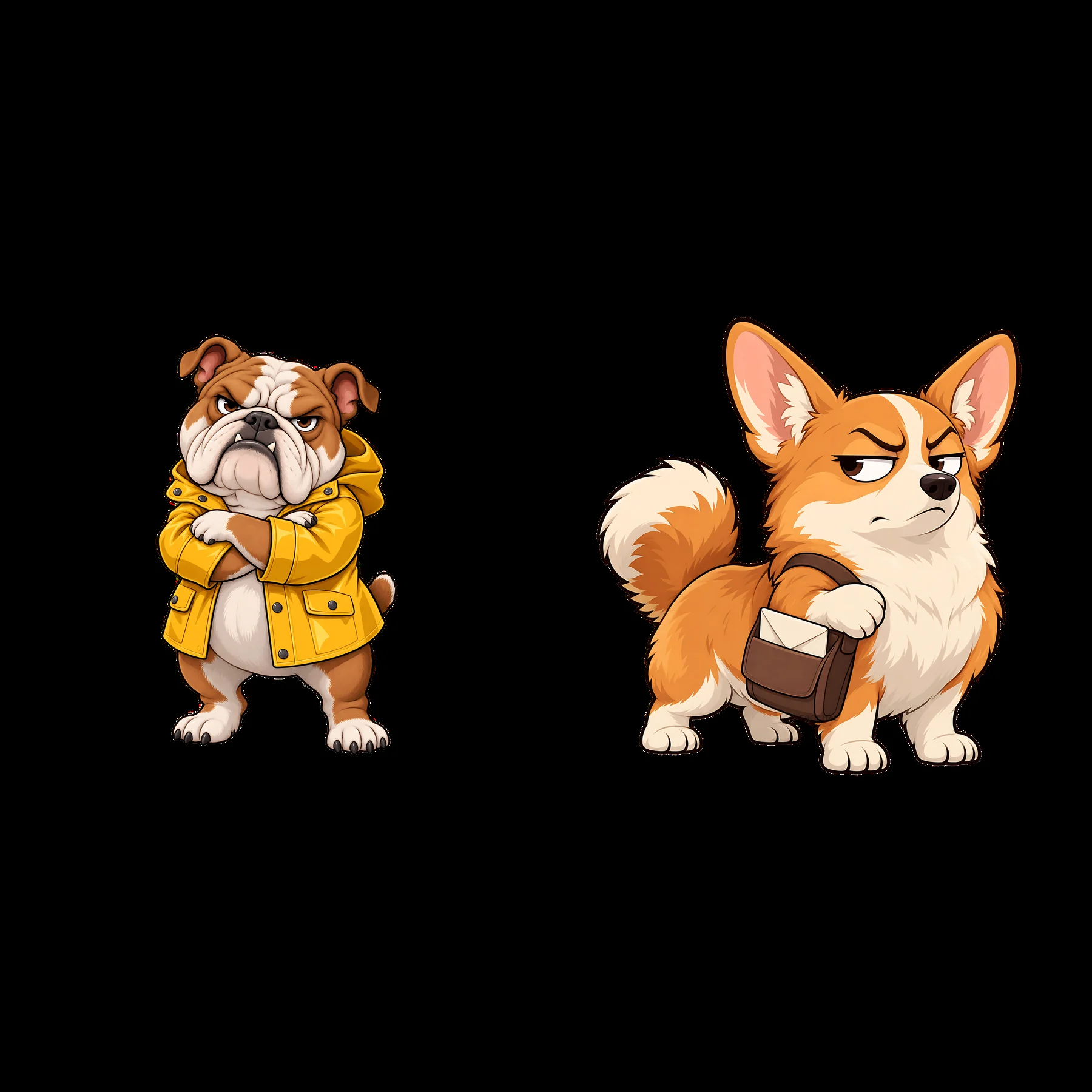Grumpy dog duo in raincoat and carrying takeout box - AI-generated stock image