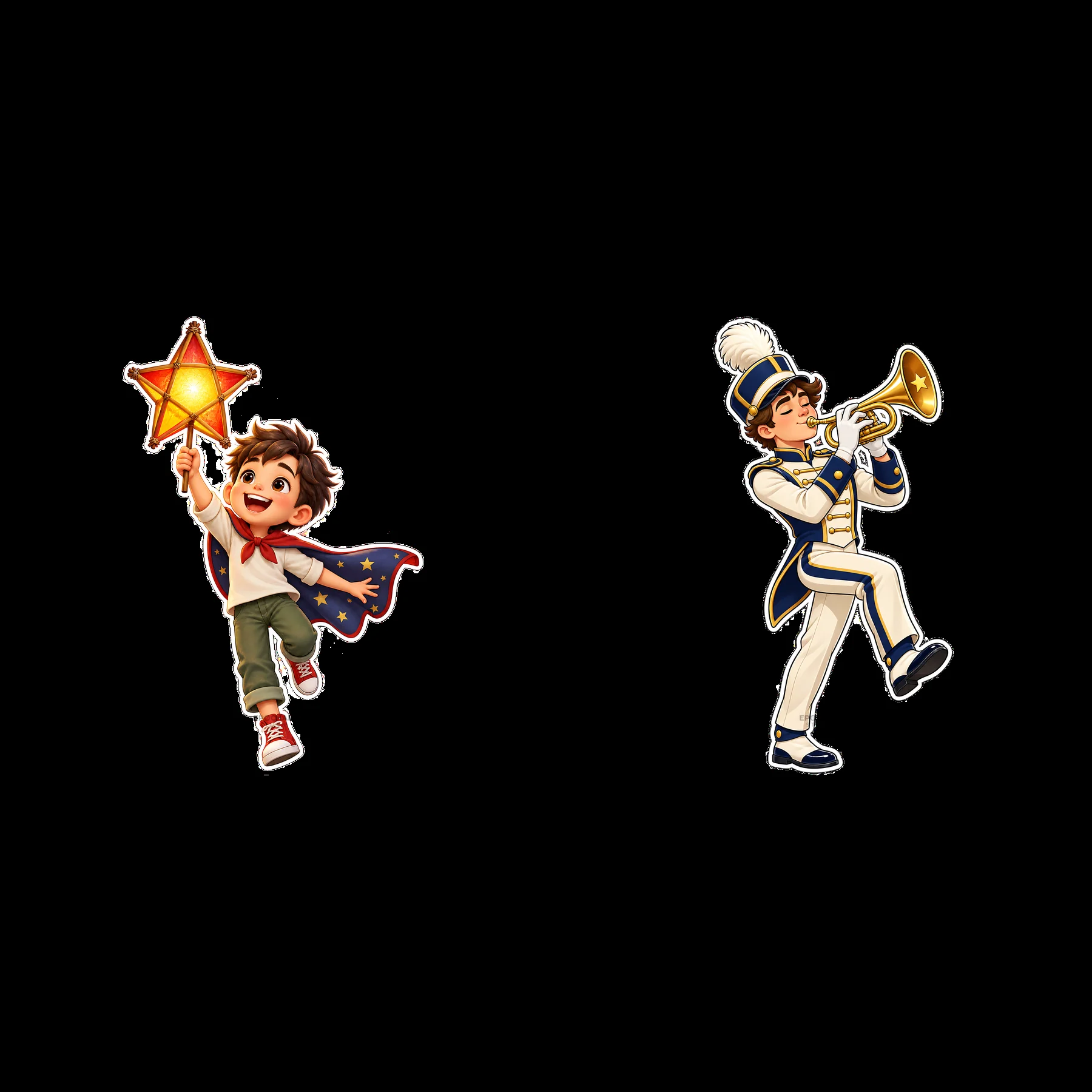 Kid with a magic star and a trumpeter in a patriotic setting - AI-generated stock image