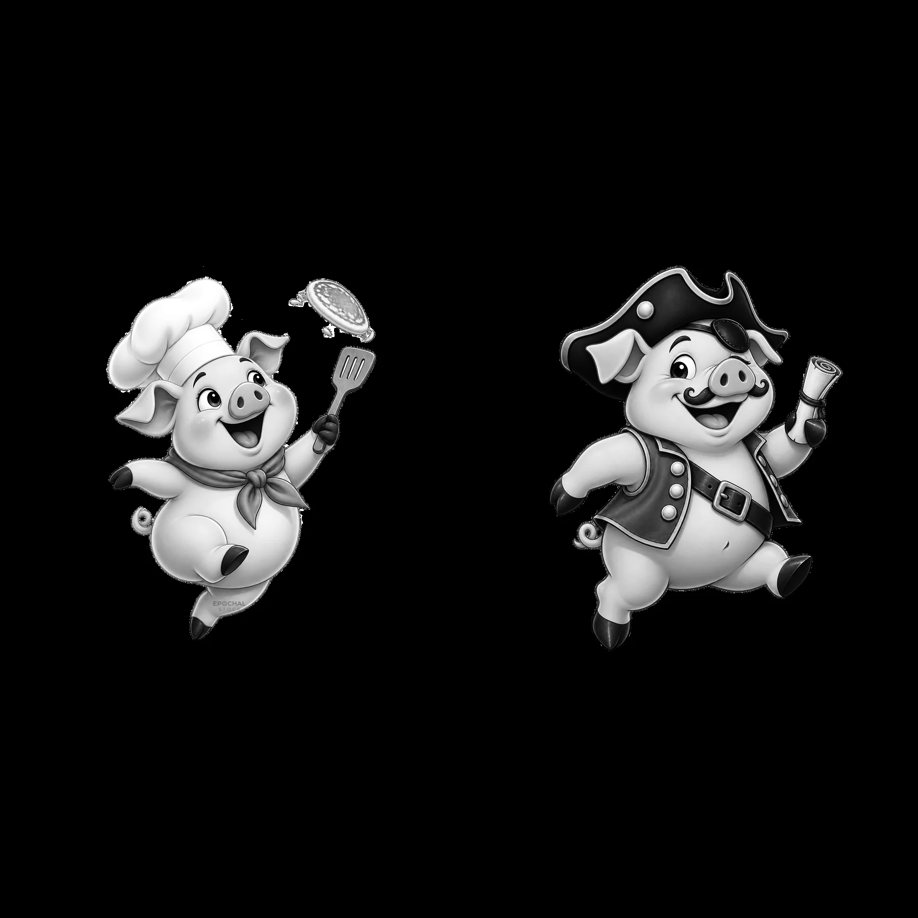 Two cartoon pigs cooking and playing with food items - AI-generated stock image