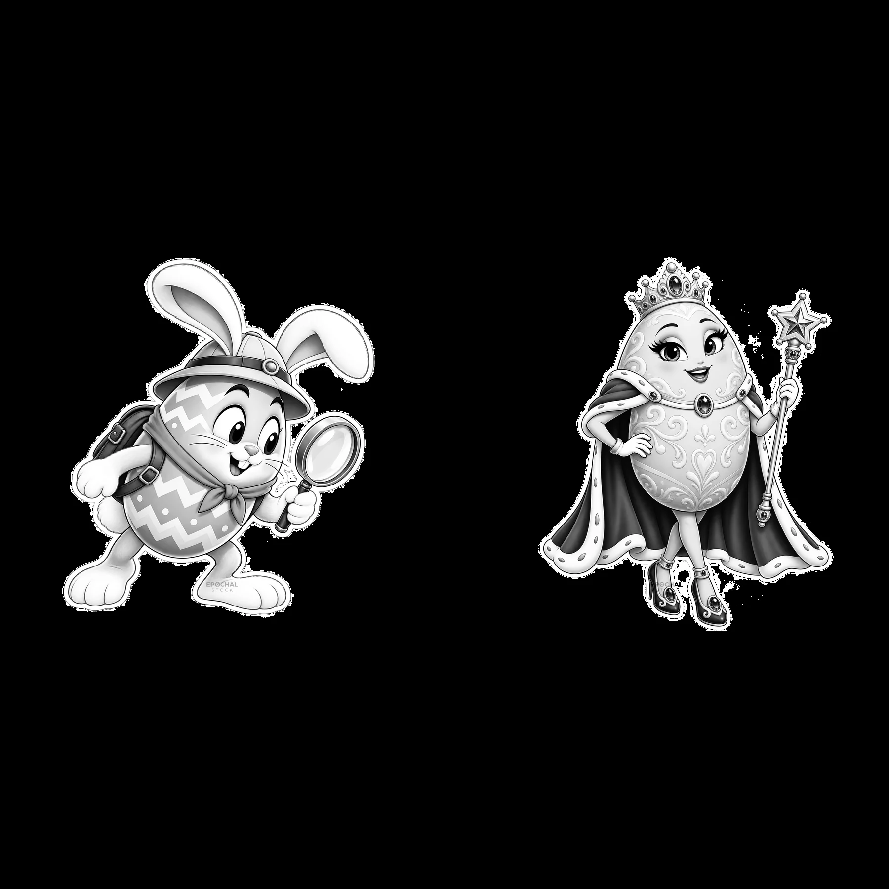 Monochrome two isolated cartoon figure stickers - AI-generated stock image