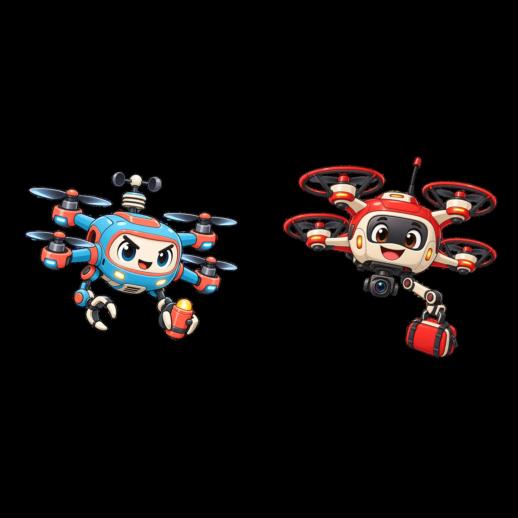 Cartoon drones with smiley faces and red accessories in pairs - AI-generated stock image