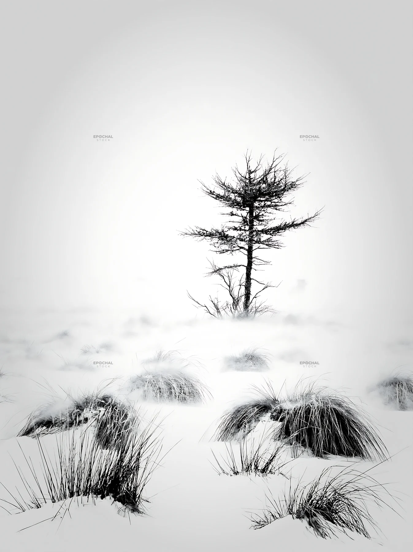 Snowbound meadow with a lone tree in winter landscape - AI-generated stock image