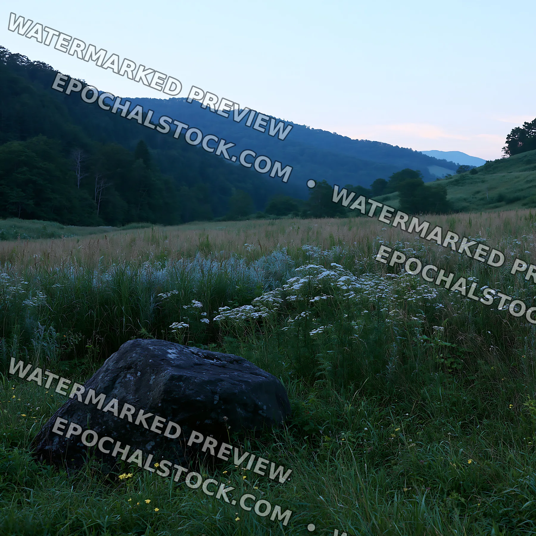 Aomori climate resilient meadow with boulder - AI-generated stock image