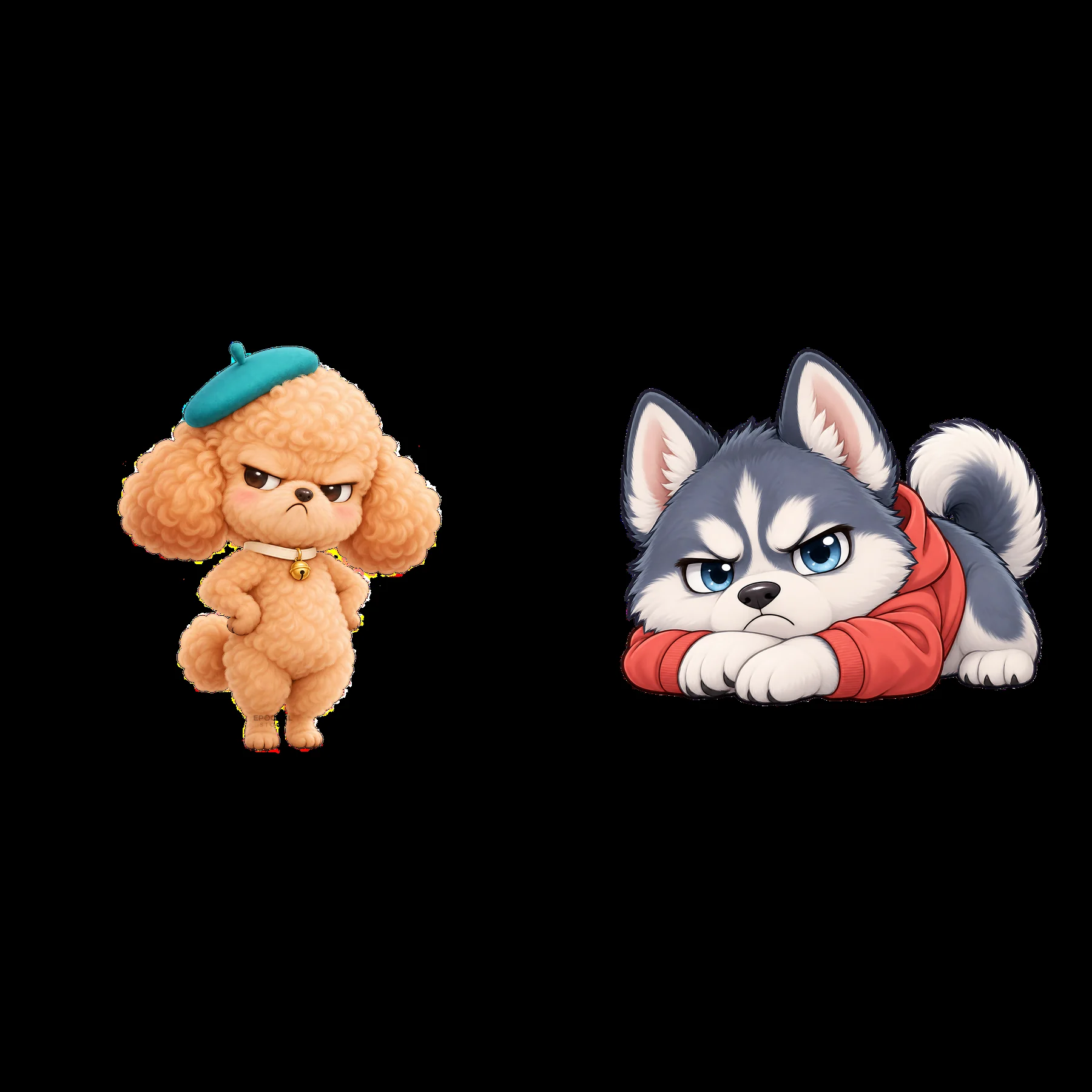Kawaii grumpy dog pair with colorful fur in playful poses - AI-generated stock image