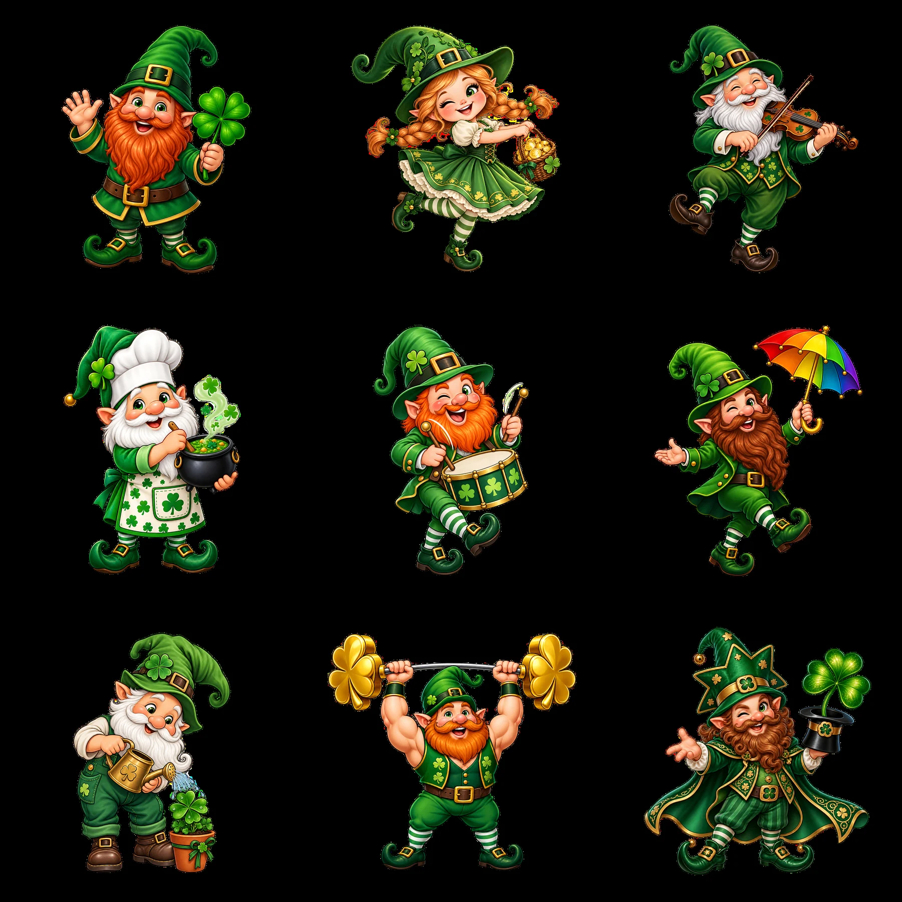 St. Patrick's Day gnomes in a 3x3 arrangement with various activities - AI-generated stock image