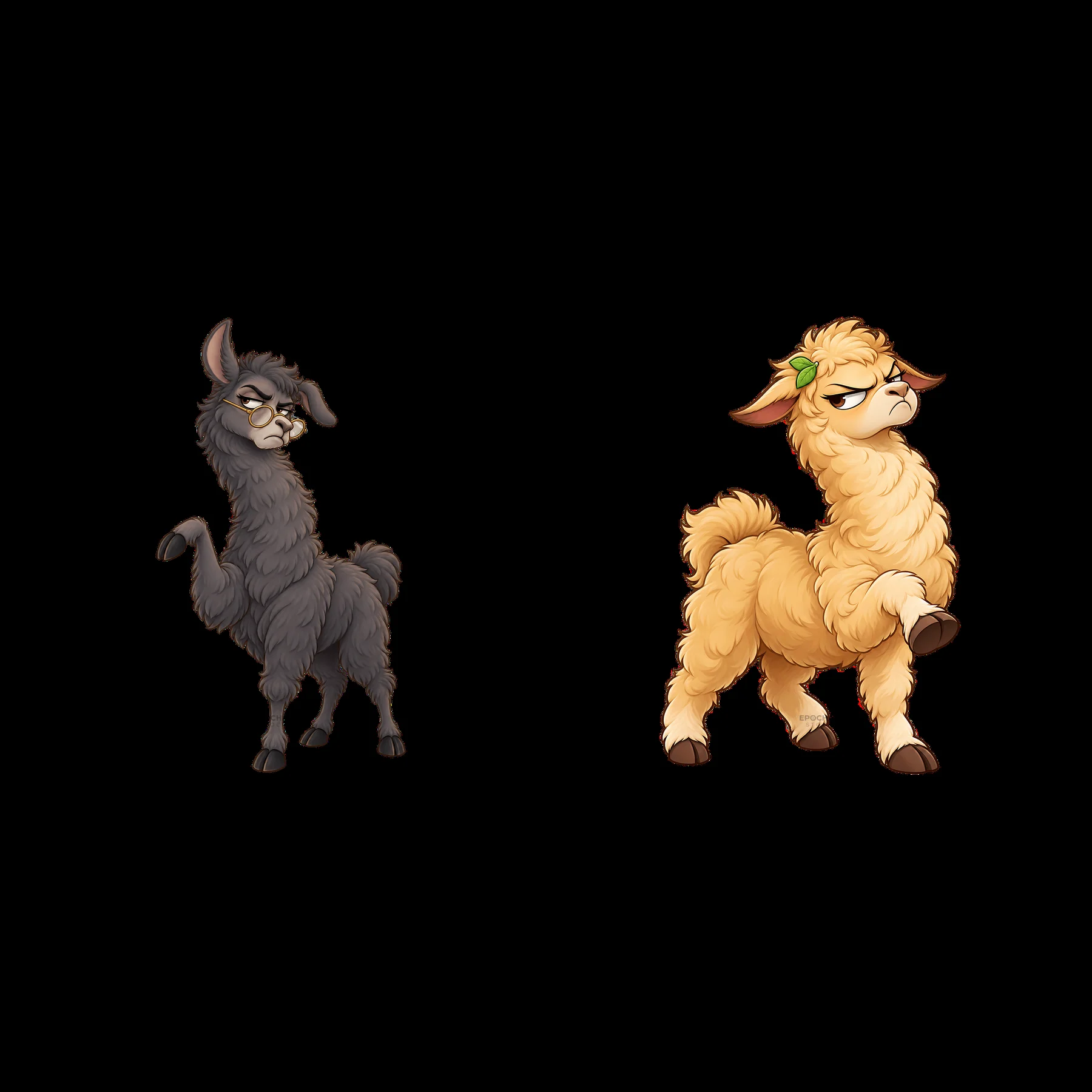 Grumpy comic llamas with distinct expressions and poses - AI-generated stock image