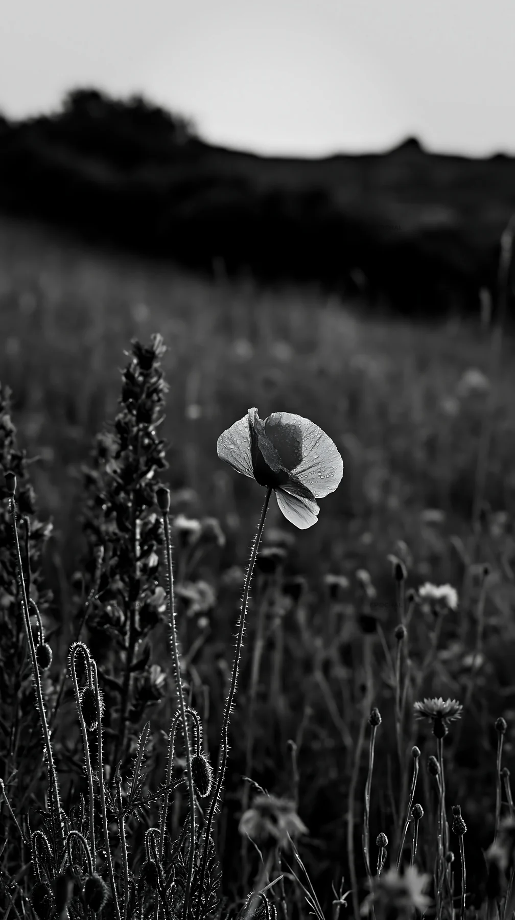 Poppy larkspur meadow during daylight in black and white - AI-generated stock image