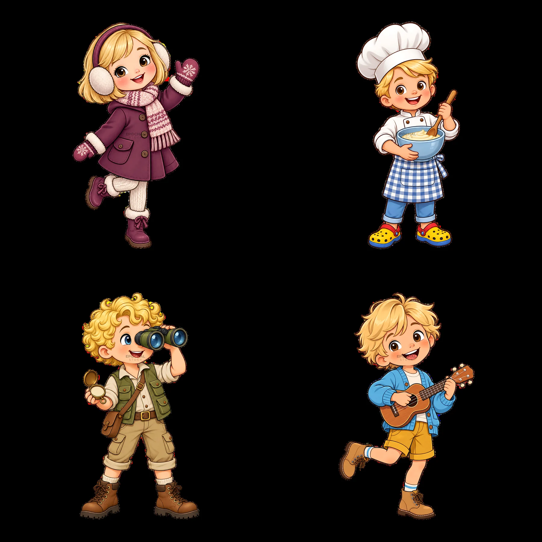 Blond child characters in various playful activities and outfits - AI-generated stock image