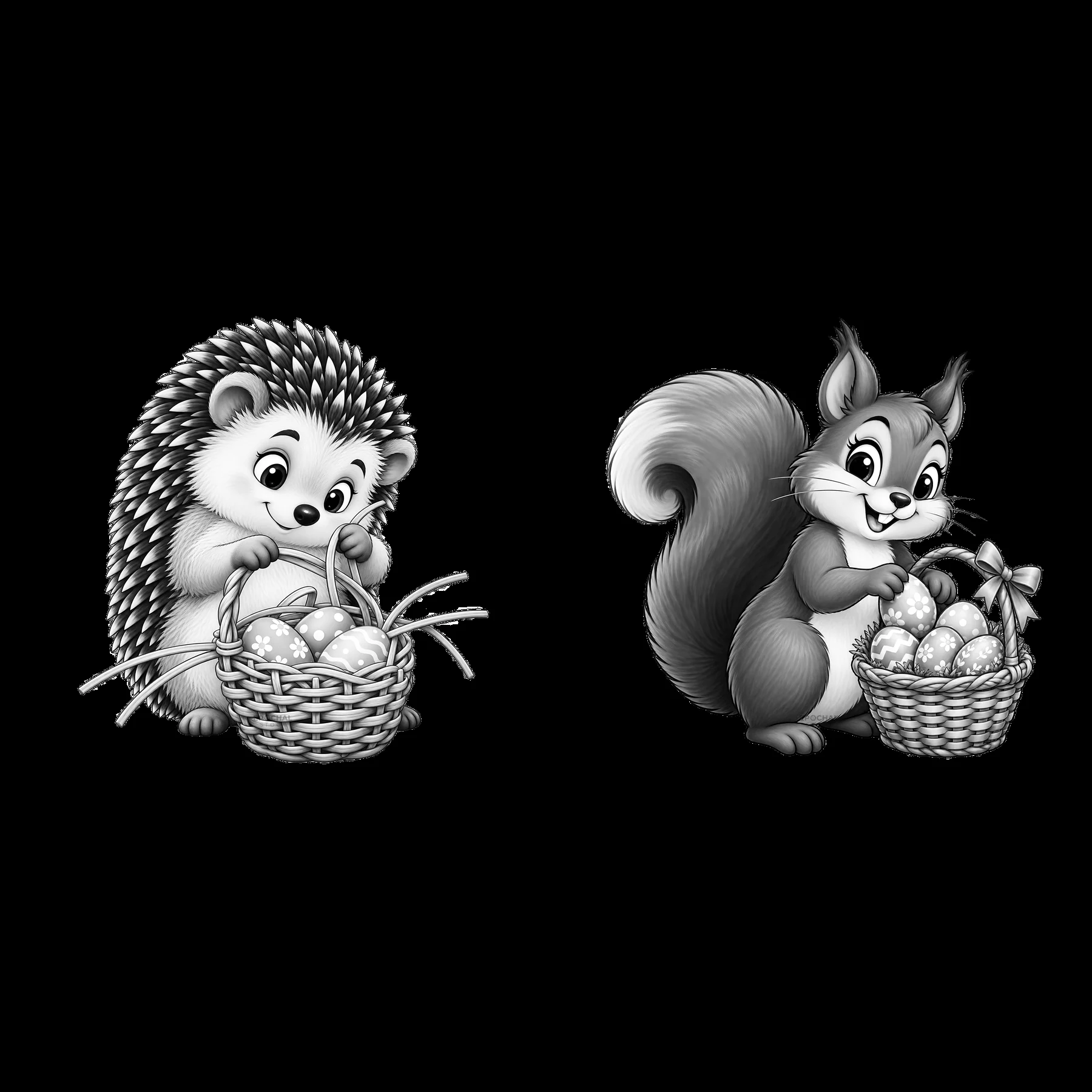 Hedgehog and squirrel with Easter baskets collecting eggs - AI-generated stock image