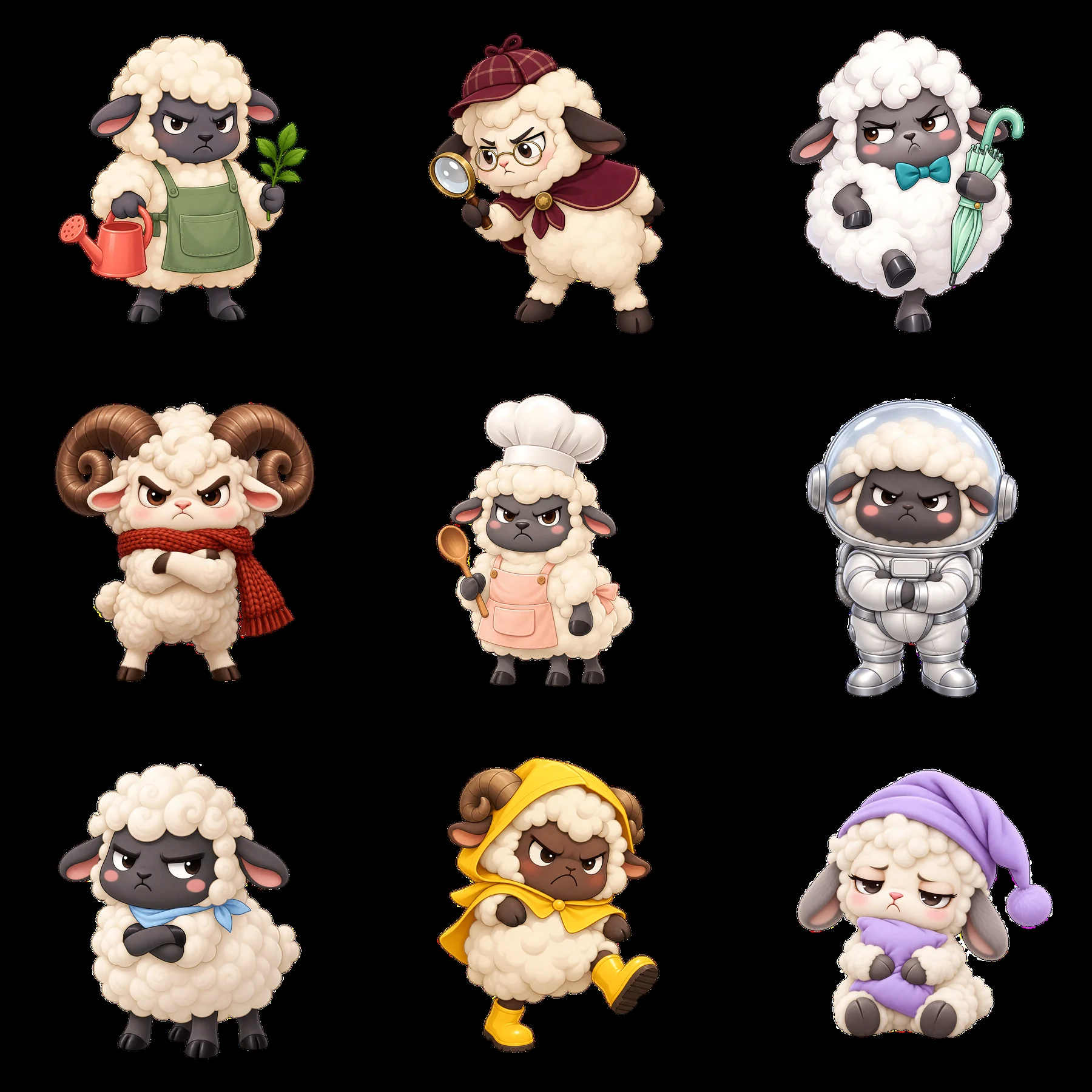 Kawaii grumpy sheep with various outfits in a 3x3 layout - AI-generated stock image