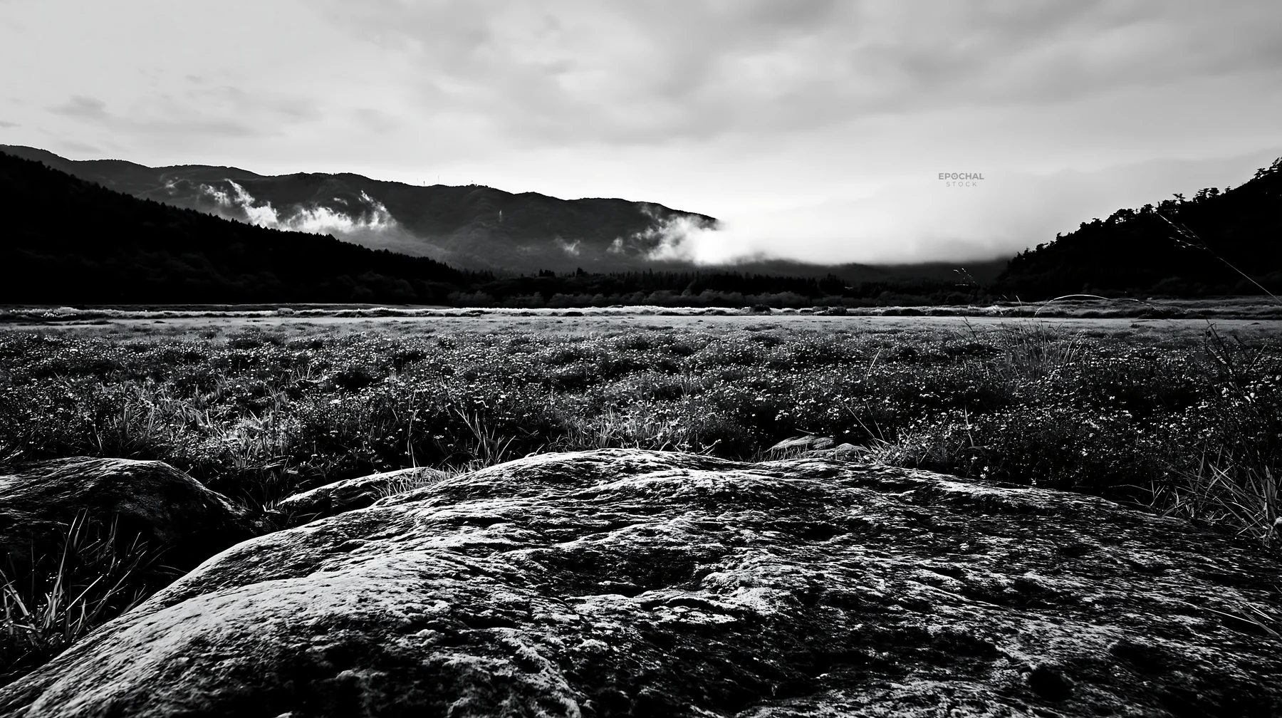 Hiroshima rainy meadow with smooth rocks and distant mountains - AI-generated stock image