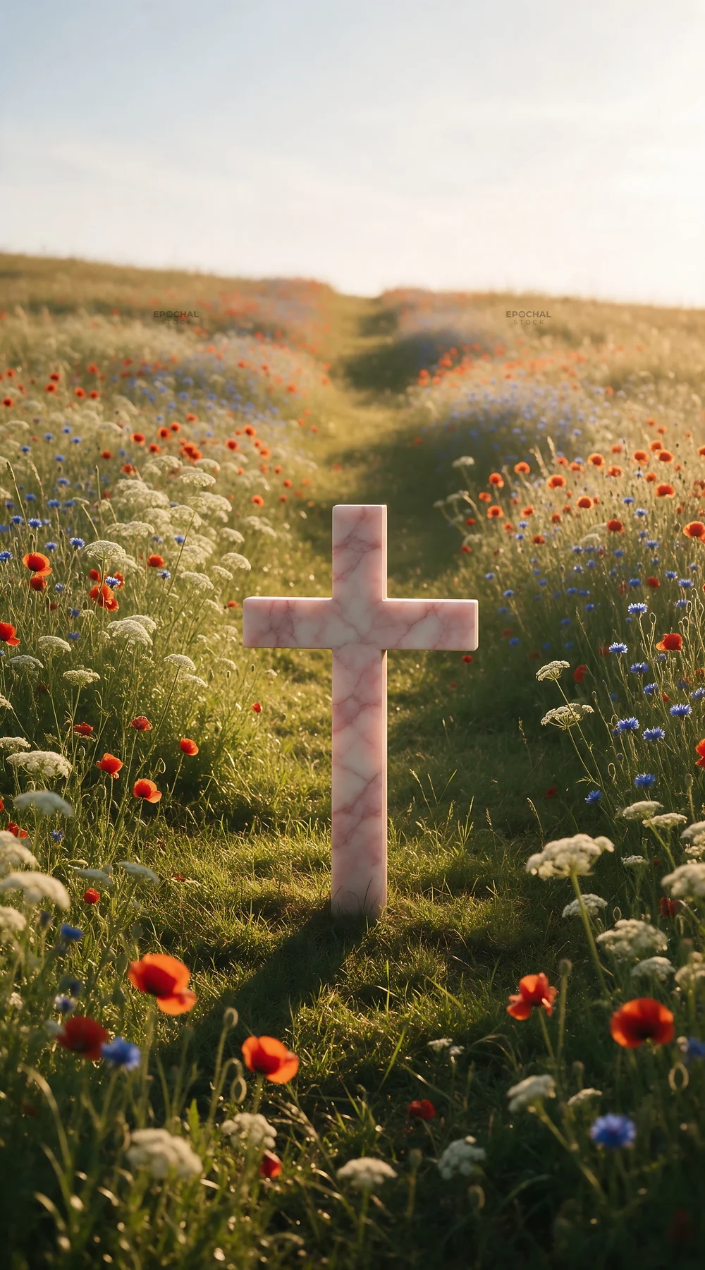 Marble Christian cross in meadow surrounded by flowers - AI-generated stock image