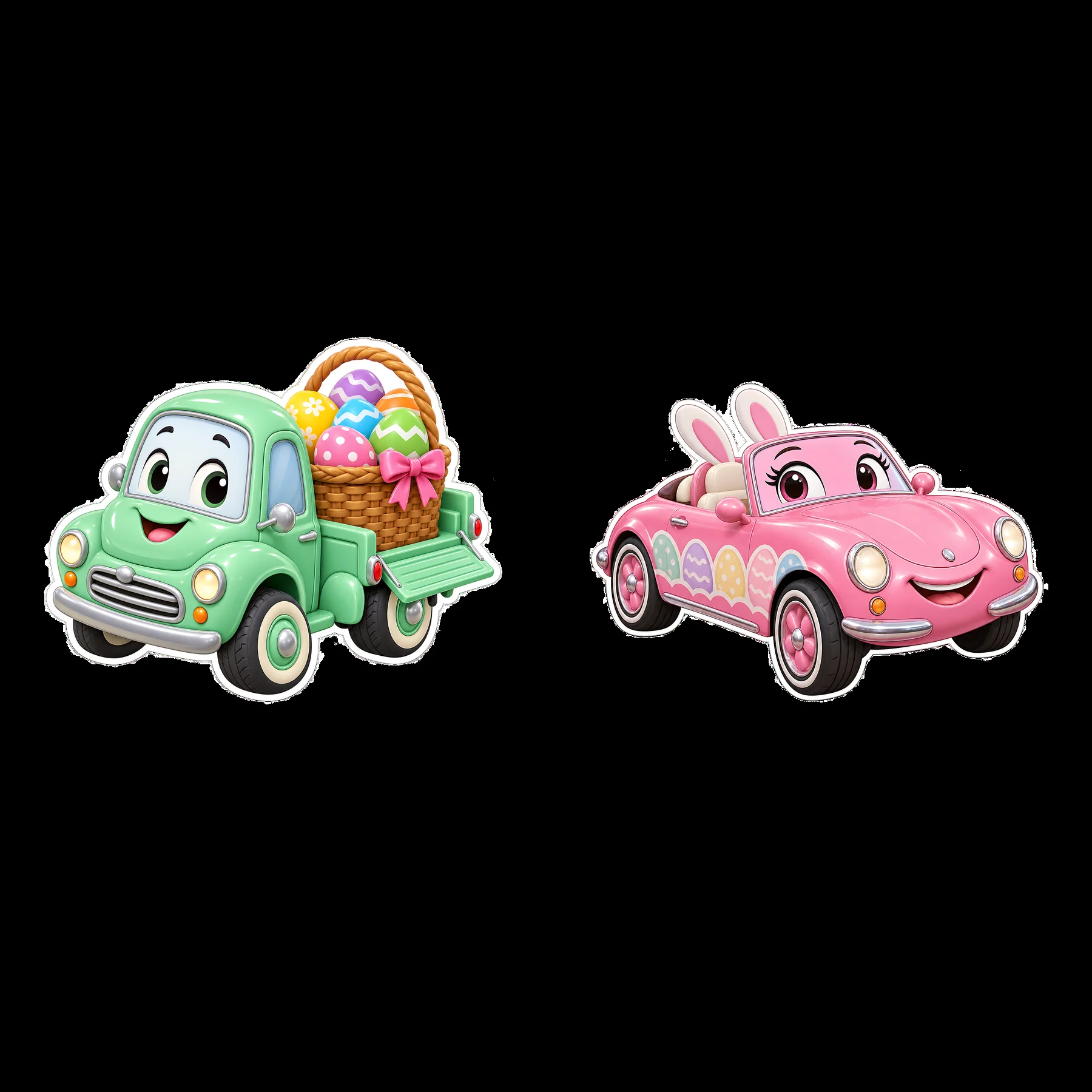 Easter-themed cars with baskets of eggs and bunny character - AI-generated stock image