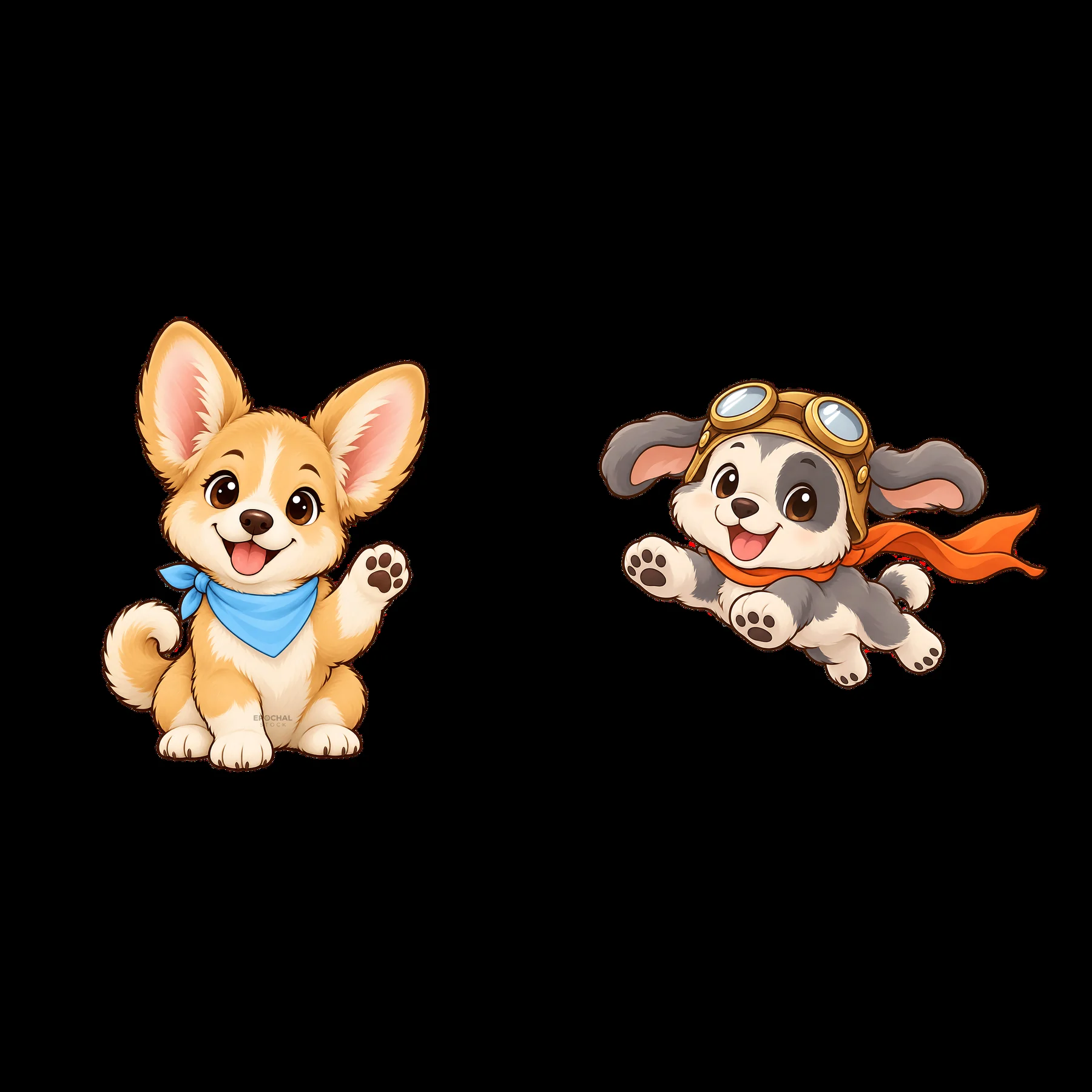 Cute cartoon dogs waving and flying with goggles in a playful scene - AI-generated stock image