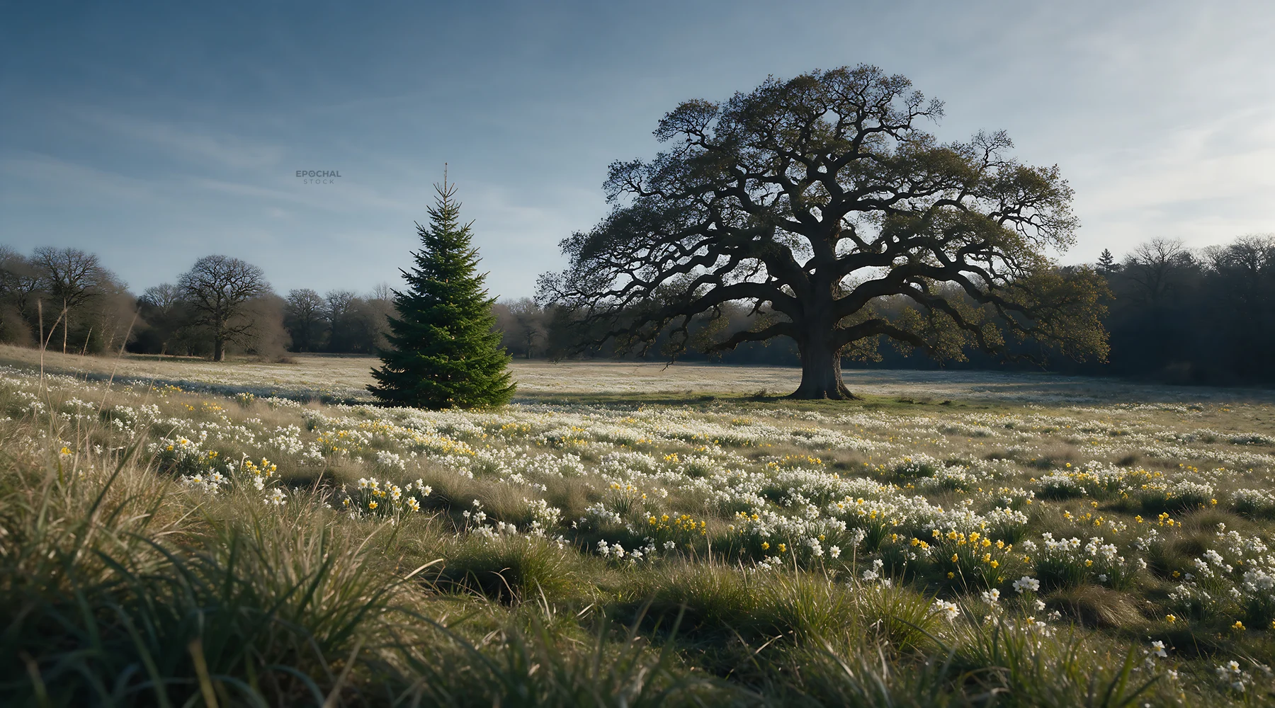 Vibrant Christmas tree stands alone in winter meadow - AI-generated stock image