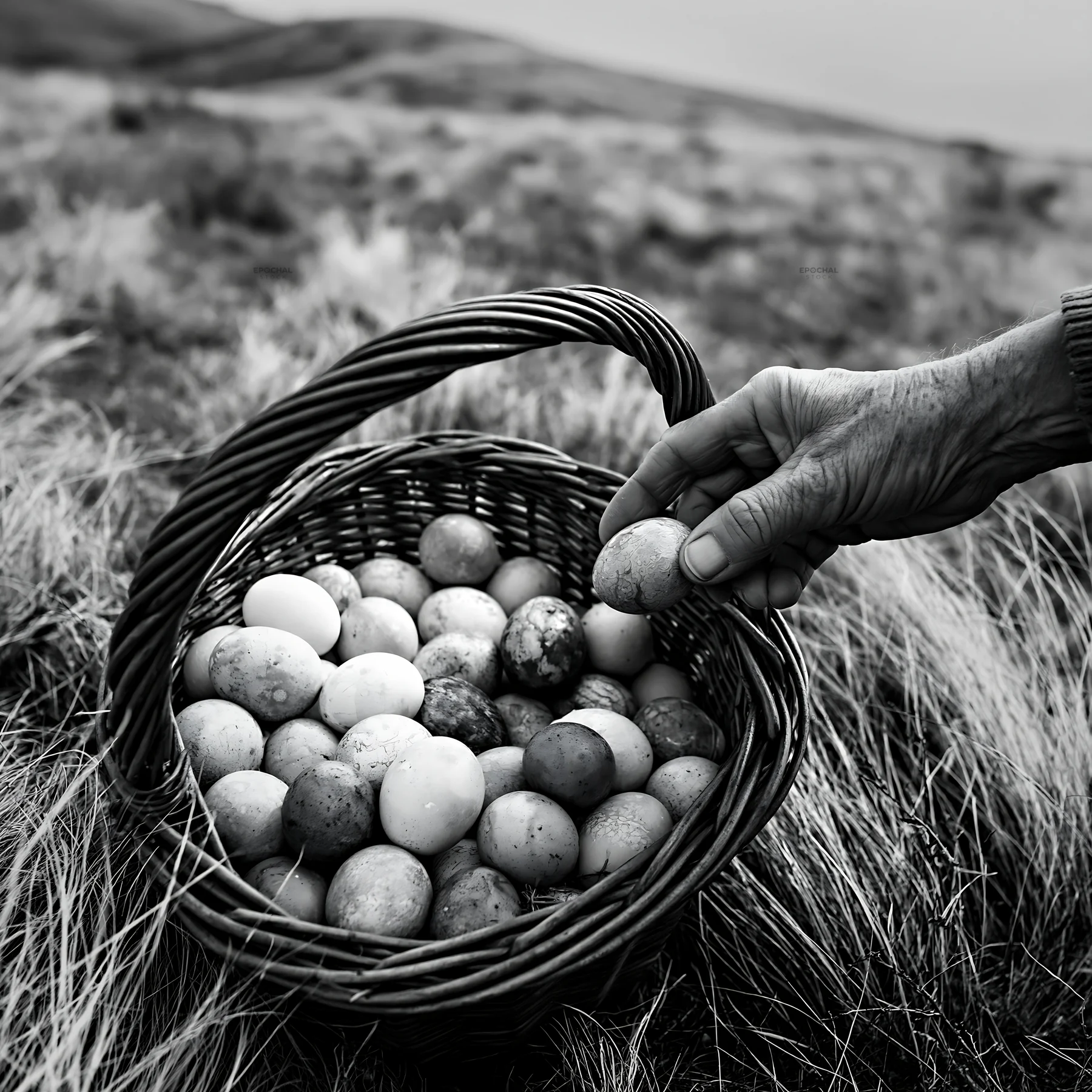 Easter basket in a mountain meadow with eggs being collected - AI-generated stock image