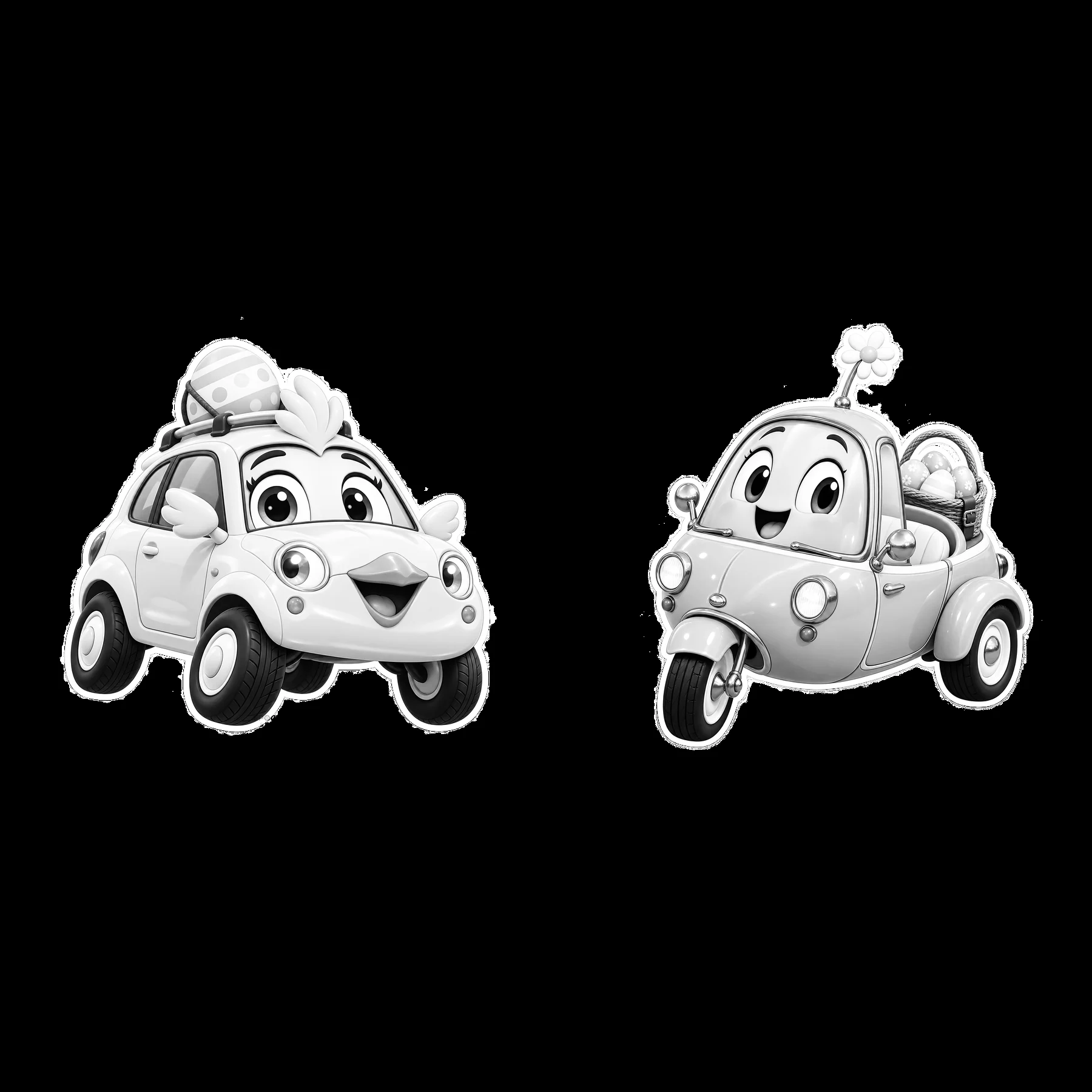 Easter-themed cartoon car and scooter with smiling faces - AI-generated stock image