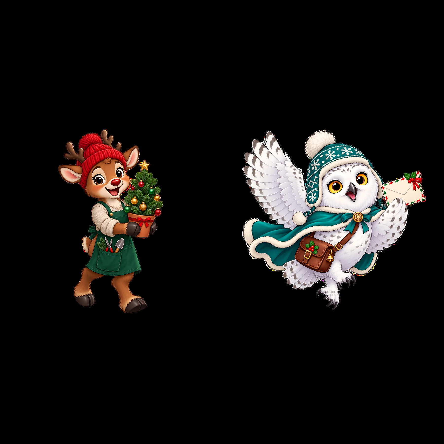 Reindeer carrying a Christmas tree and owl delivering a letter - AI-generated stock image