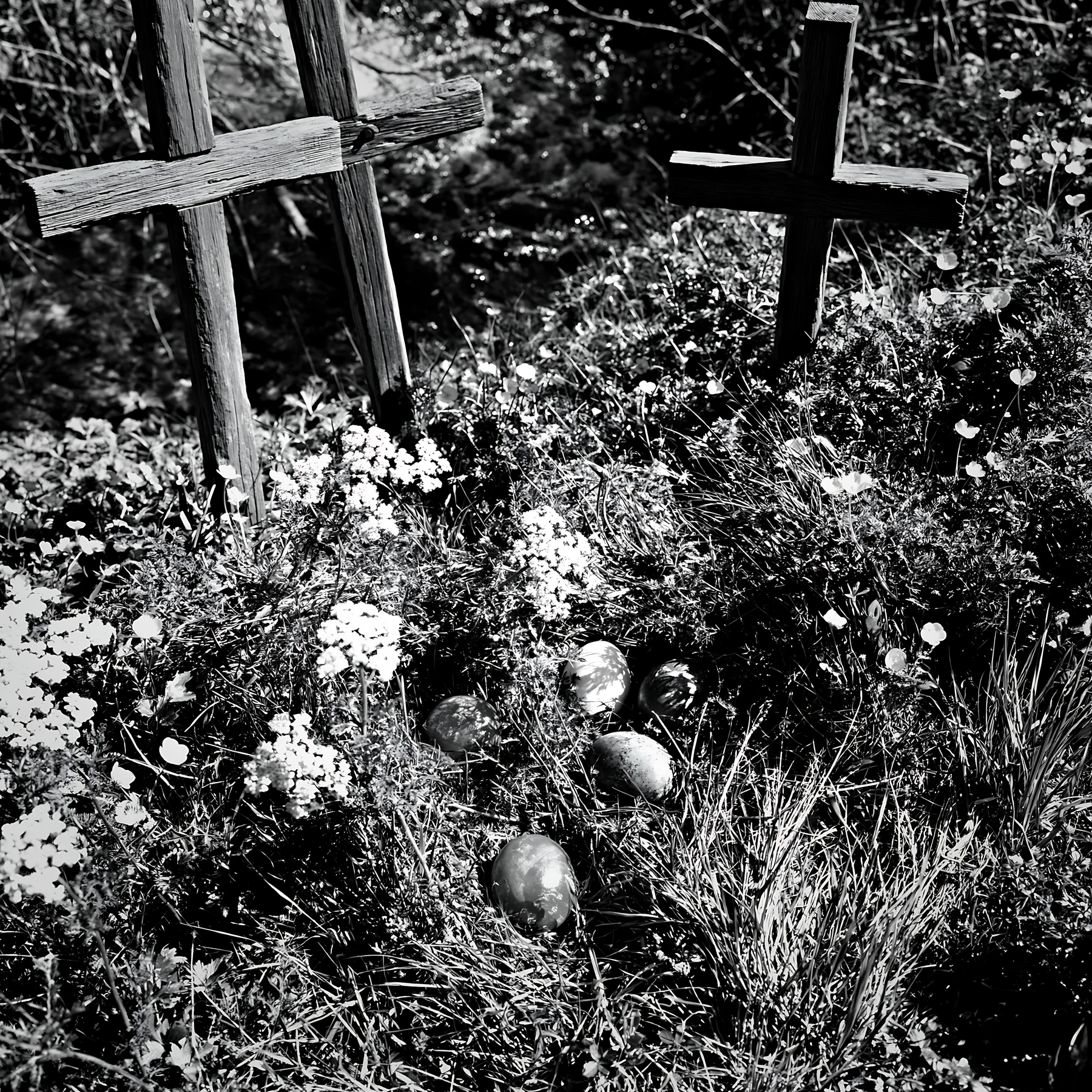 Christian crosses beside mineral spring meadow - AI-generated stock image