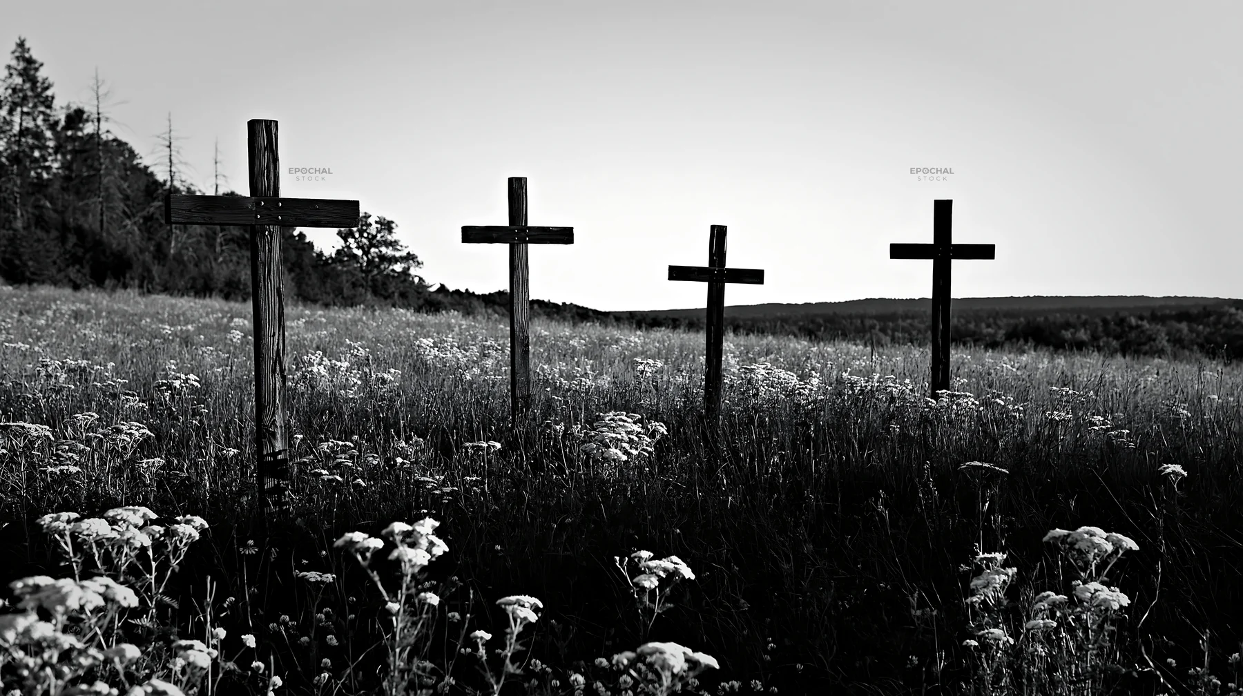 Four wooden crosses in a meadow during winter - AI-generated stock image