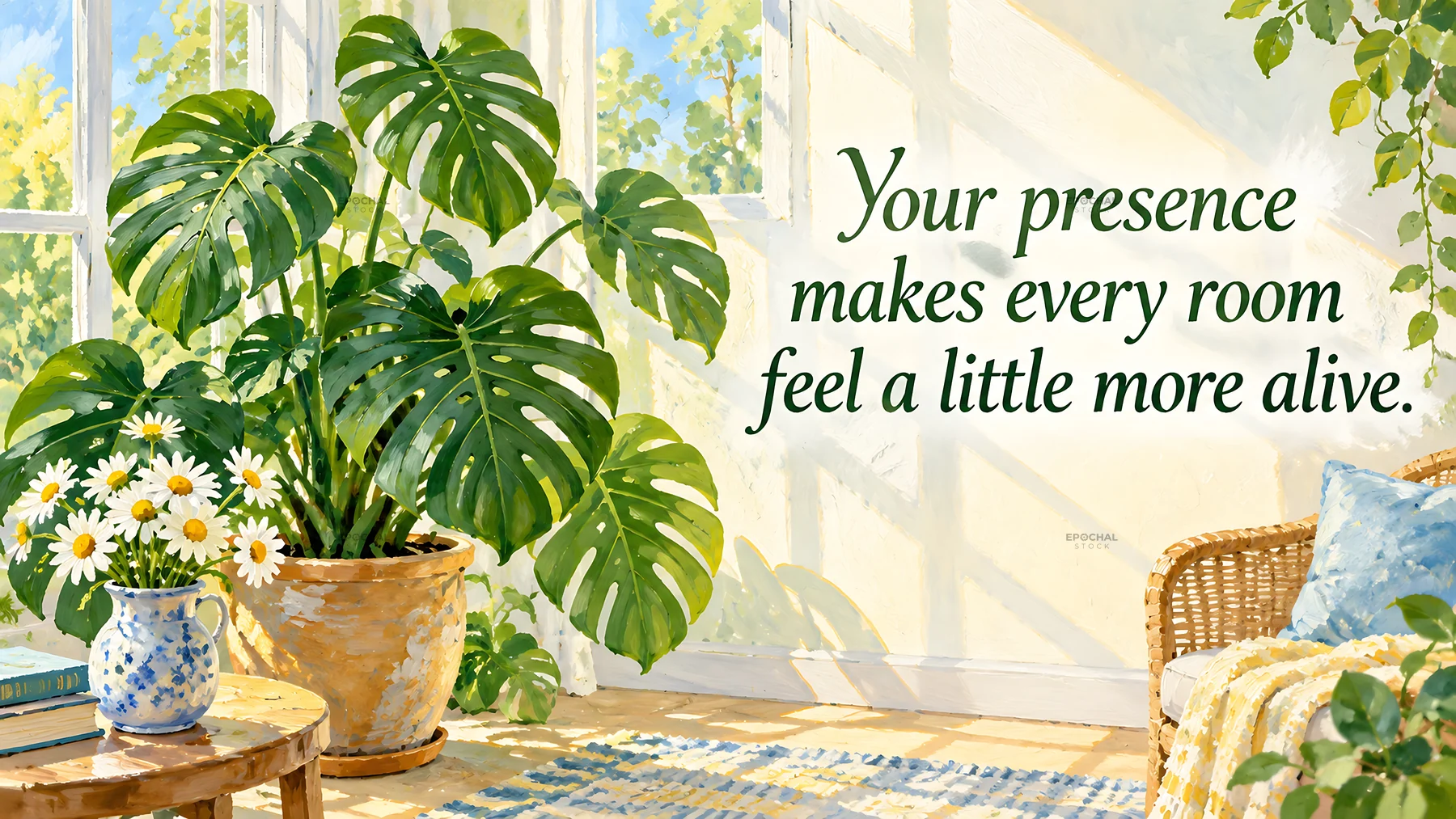 Sunlit Room Love Greeting with Monstera Plants - AI-generated stock image