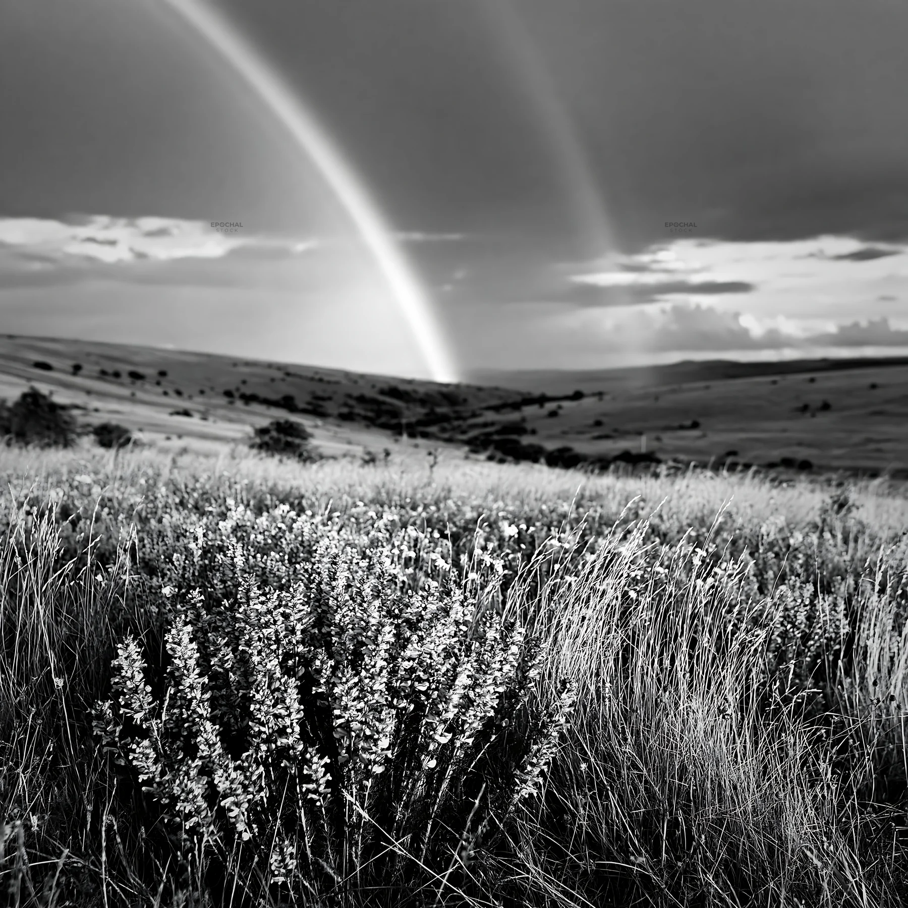 Colorful lavender meadow with a distant rainbow in the sky - AI-generated stock image