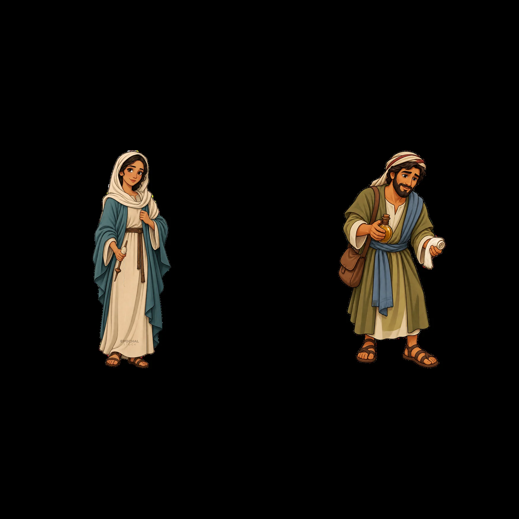 Jesus and Mary cartoon sticker characters in standing poses - AI-generated stock image