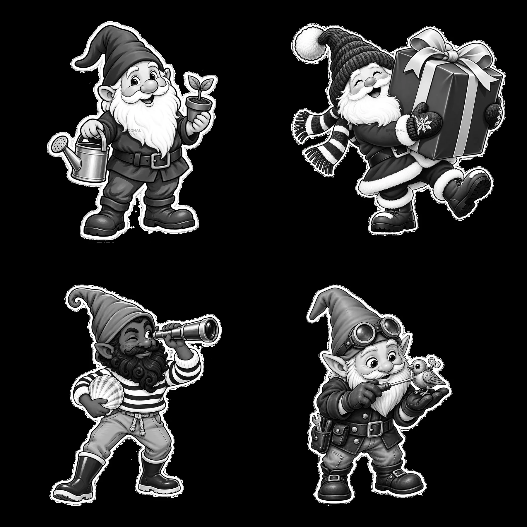 Four gnomes engaged in various activities in a simple design - AI-generated stock image