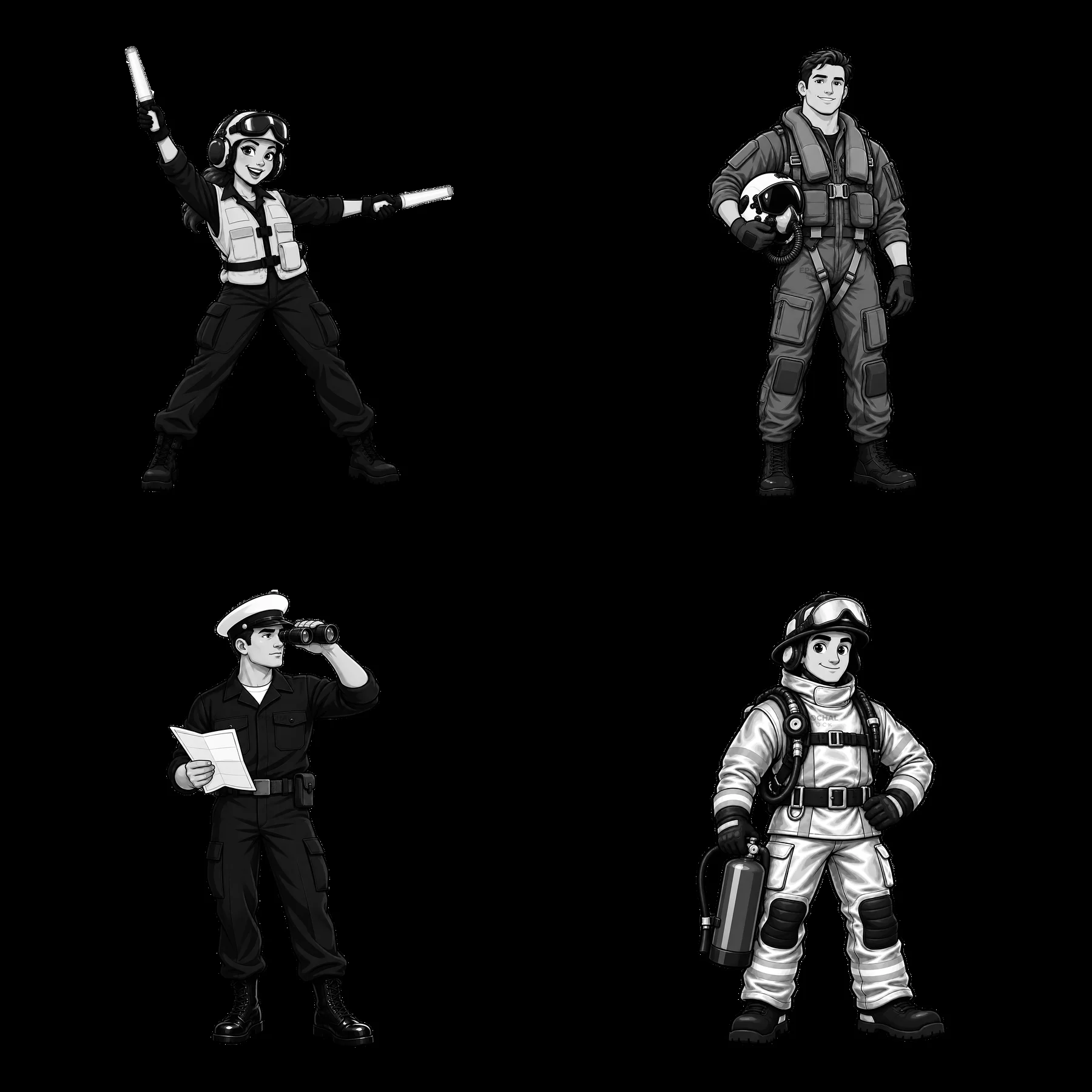 Four cartoon characters on aircraft carrier in black and white - AI-generated stock image