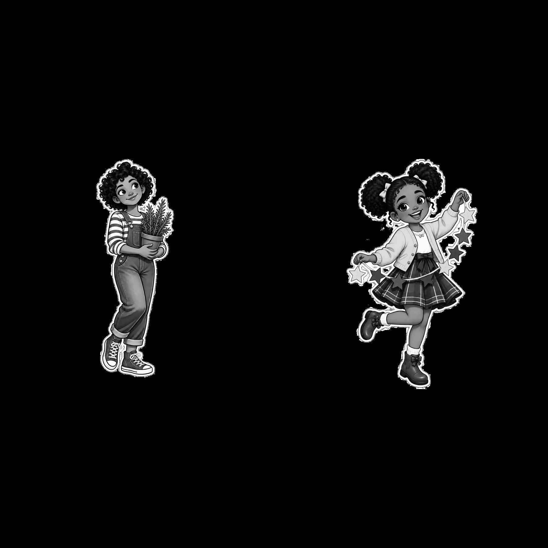 Kids spinning with a plant and stars in black and white - AI-generated stock image